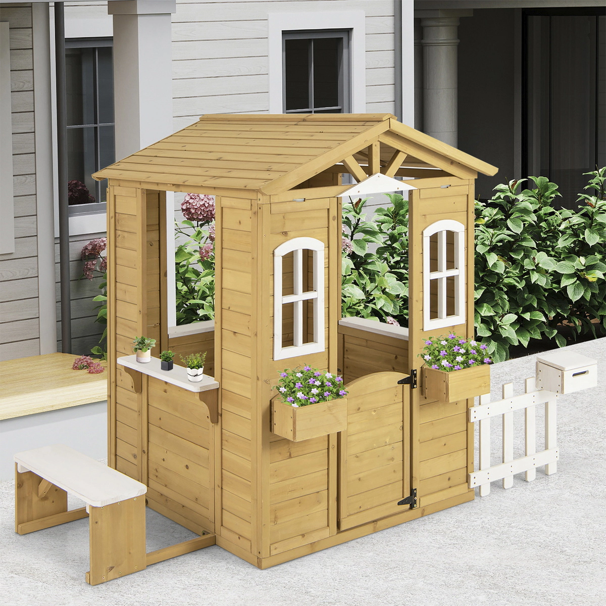SUGIFT Natural Bench Serving Window and Mailbox for Ages 2 and Up Wooden Kids Playhouse