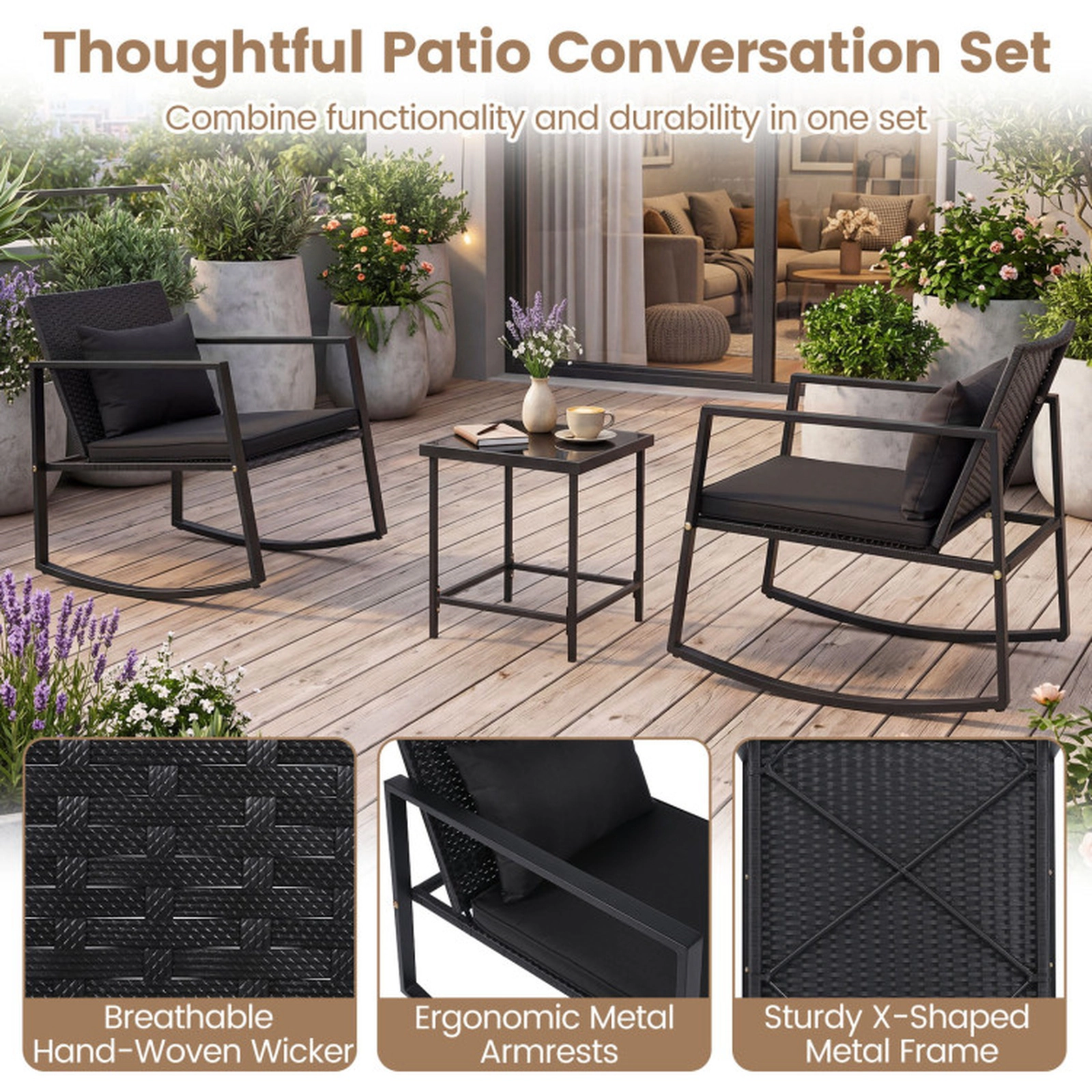 SUGIFT 3-Piece Black Wicker Patio Rocking Chair Set with Cushions and Glass Table