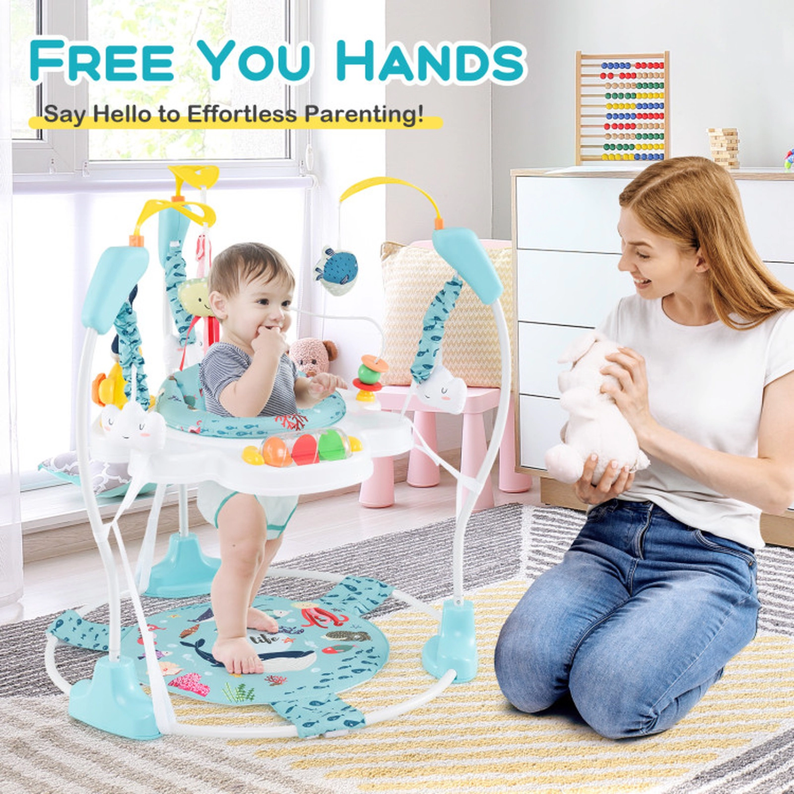 SUGIFT Height Baby Bouncing Saucer Activity Center with Interactive Toys 26-lb Capacity Ages 6+ Months Light Blue