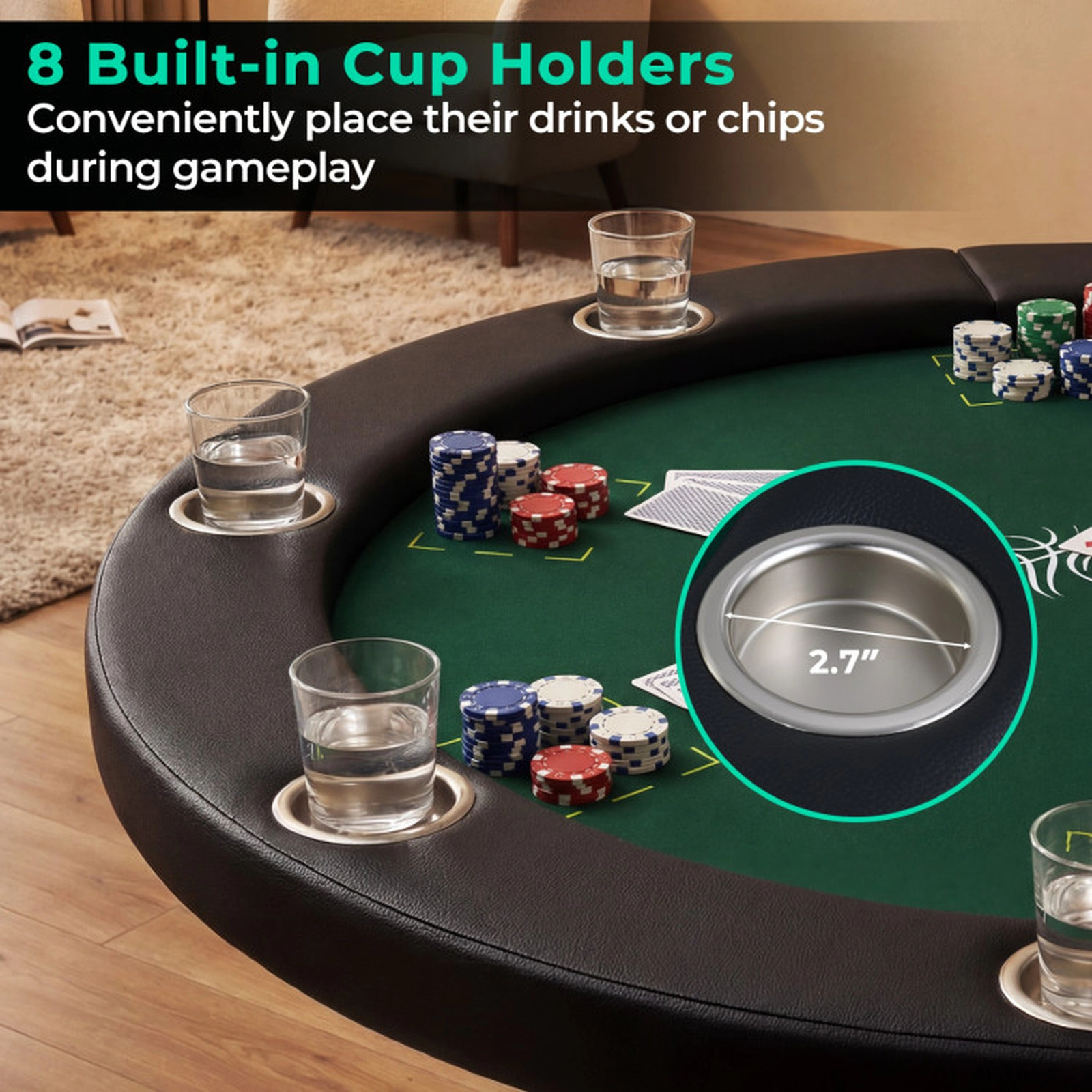SUGIFT Green Round Foldable Poker Table with 8 Cup Holders and Padded Edges 48-in Dia 30-in H 220-lb Top Capacity
