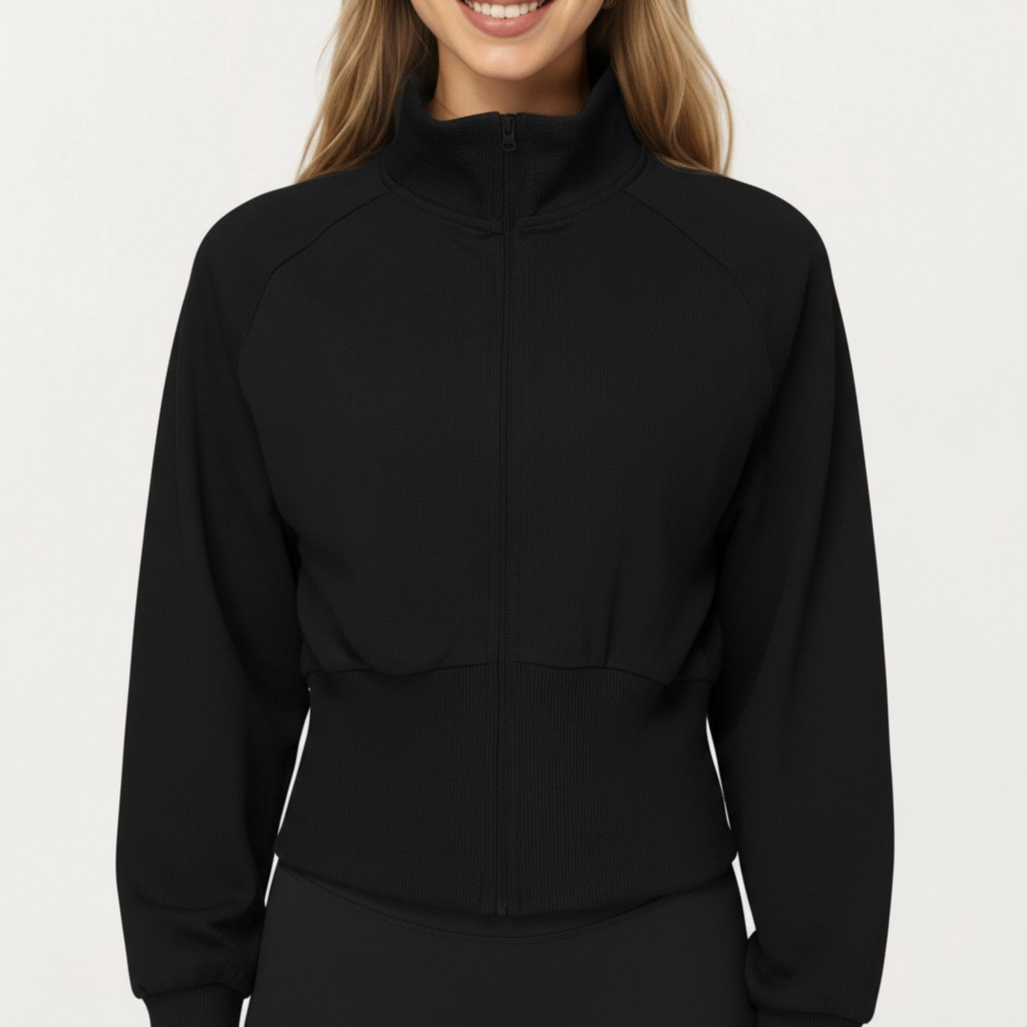 Anna-Kaci Women's High Neck Long Sleeve Zip-Up Jacket with Fitted Waistband and Soft Knit Fabric