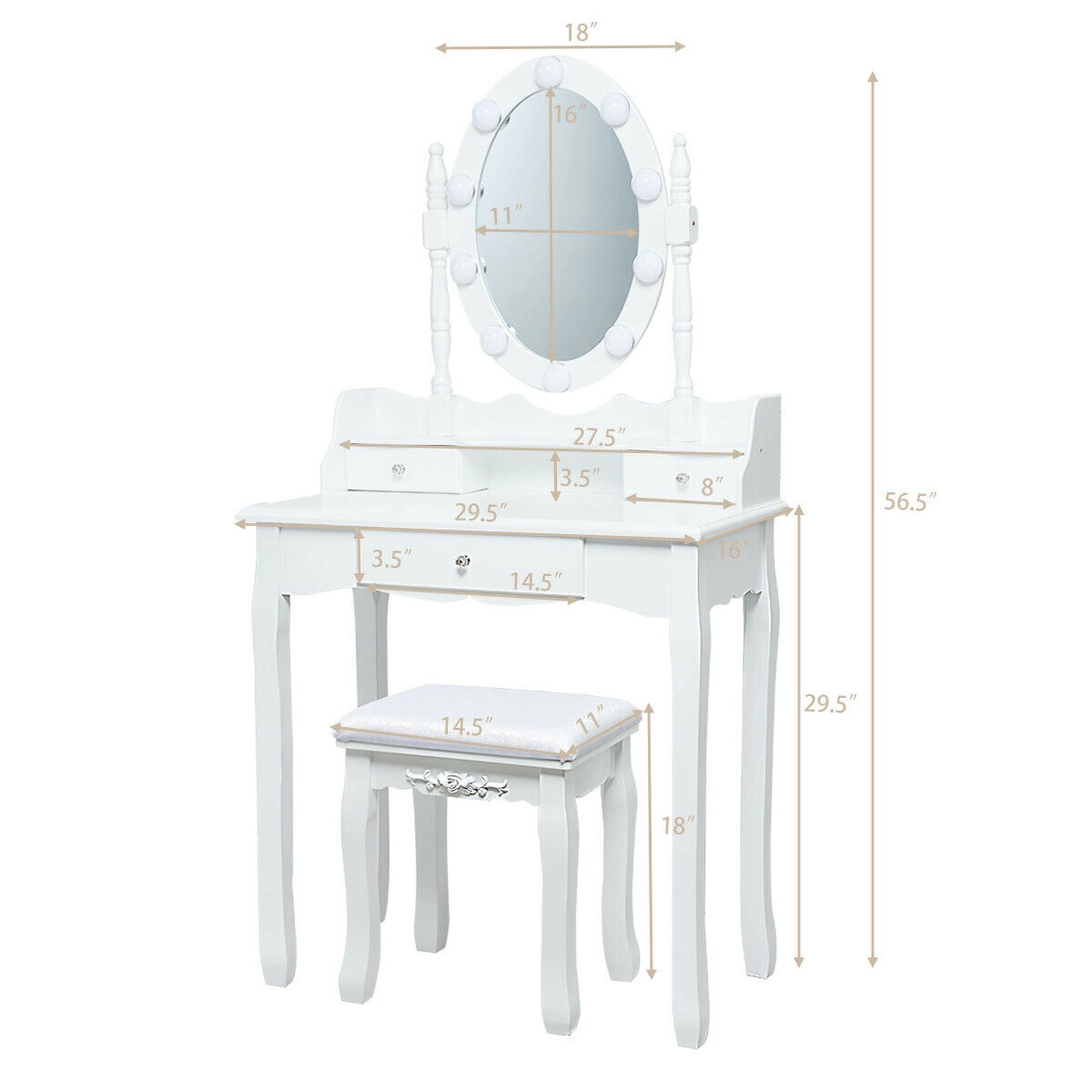 SUGIFT Oval Mirror Vanity Set with 10 Dimmable LED Bulbs Memory Function and 3 Crystal Handle Drawers