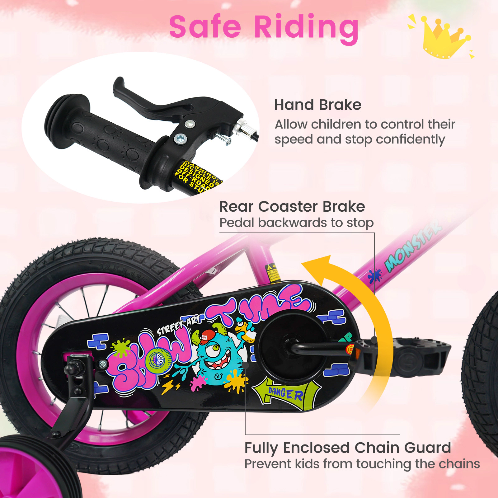 SUGIFT Pink Detachable Training Wheels and Adjustable Seat Kids Bike