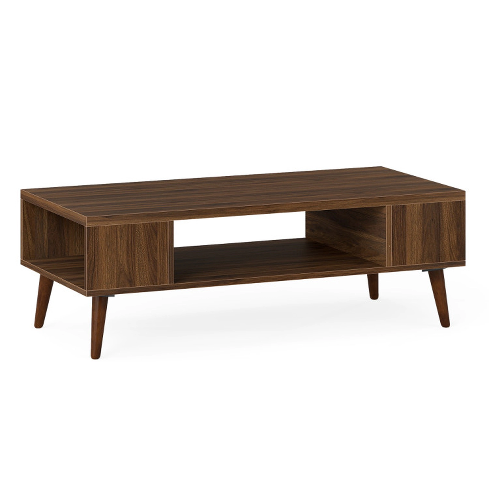SUGIFT Mid Century Modern Rectangular Coffee Table with Open Compartment and Side Shelves 88-lb Tabletop Capacity Walnut