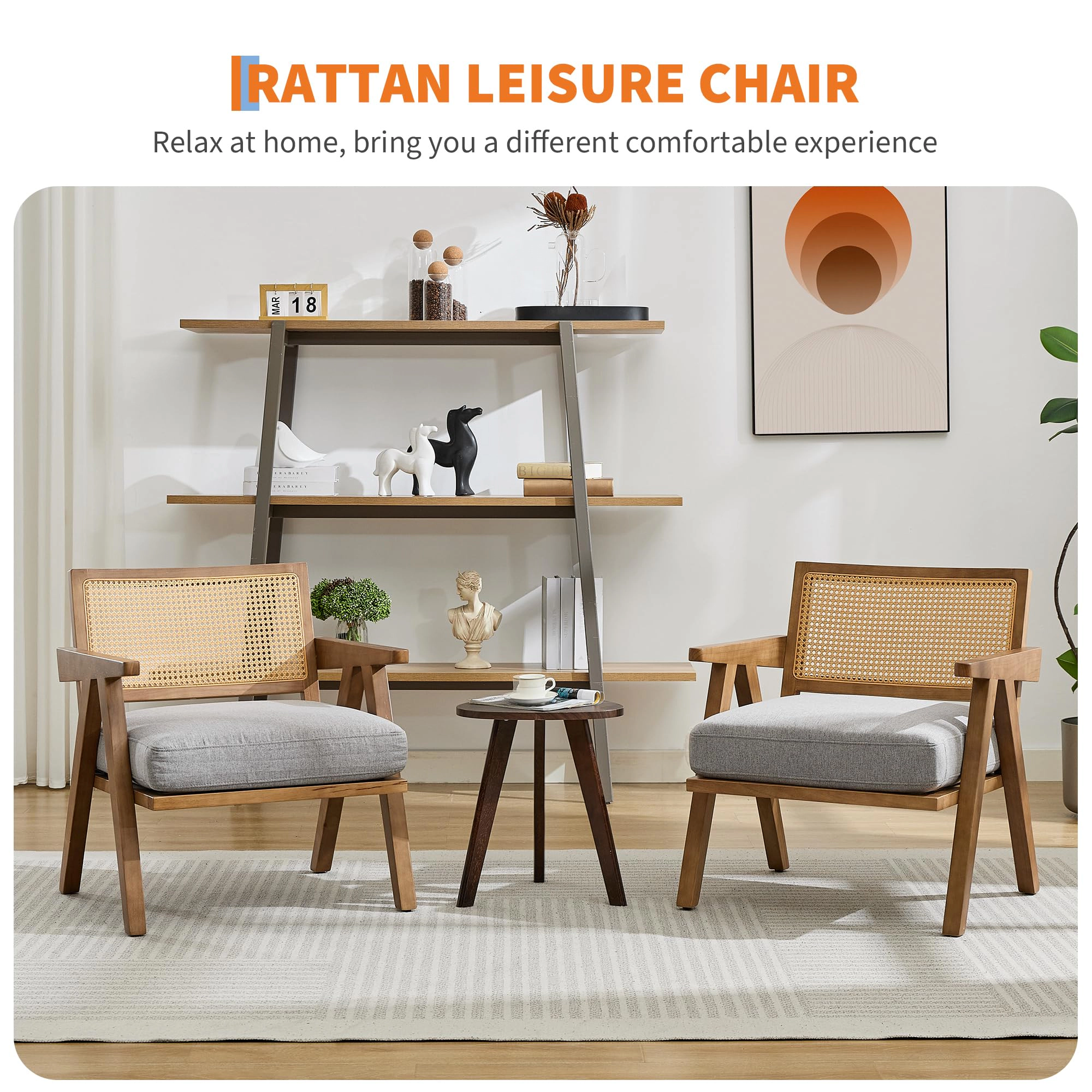 BebreezChic Mid-Century Accent Chair, Farmhouse Wood Armchair with Rattan Backrest & Cushion