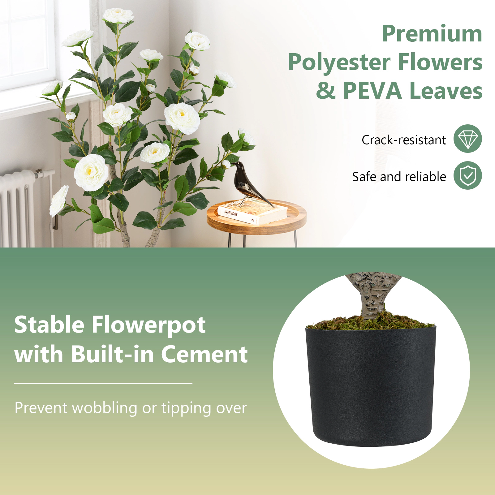 SUGIFT Set of 2 36-in Artificial Camellia Trees with White Blooming Flowers and Cement-Filled Pots