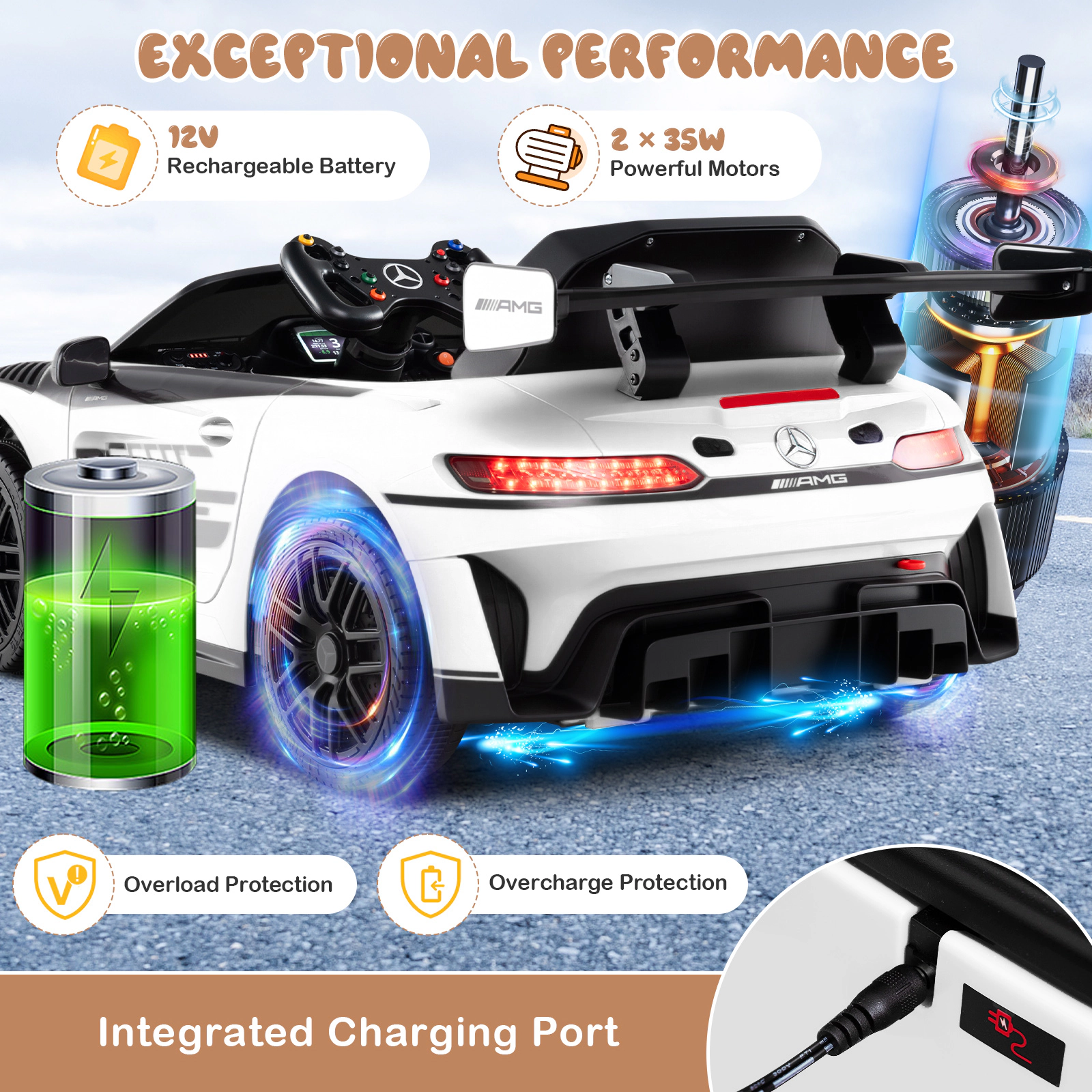 12V Kids Ride On Race Car Parent Remote Emergency Brake 3-Point Safety Belt Lockable Doors LED Lights Ages 3+ White