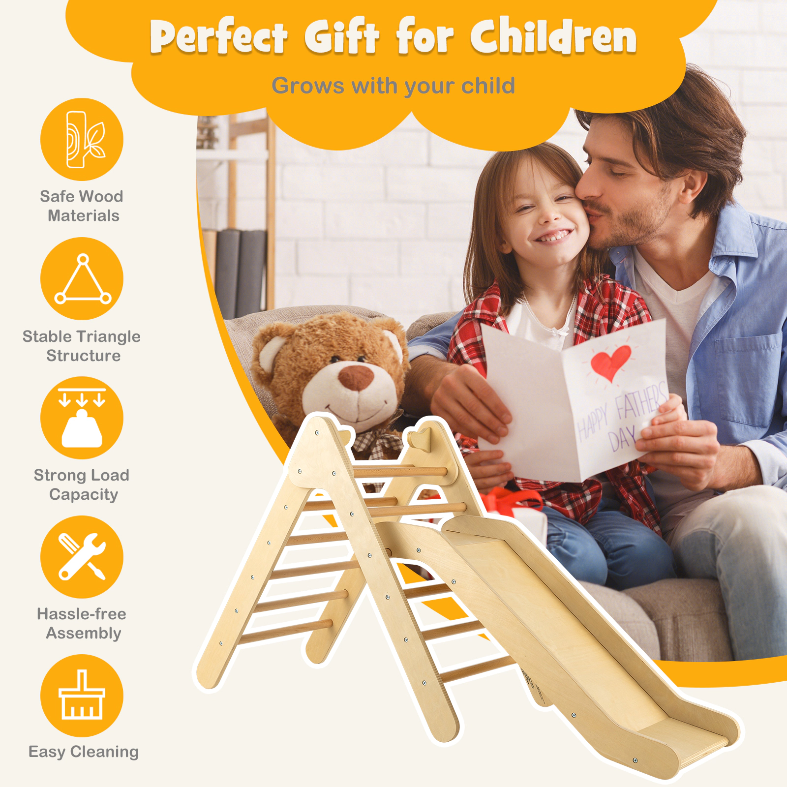 LJG Kids 2-in-1 Wooden Triangle Climber Set with Gradient Adjustable Slide