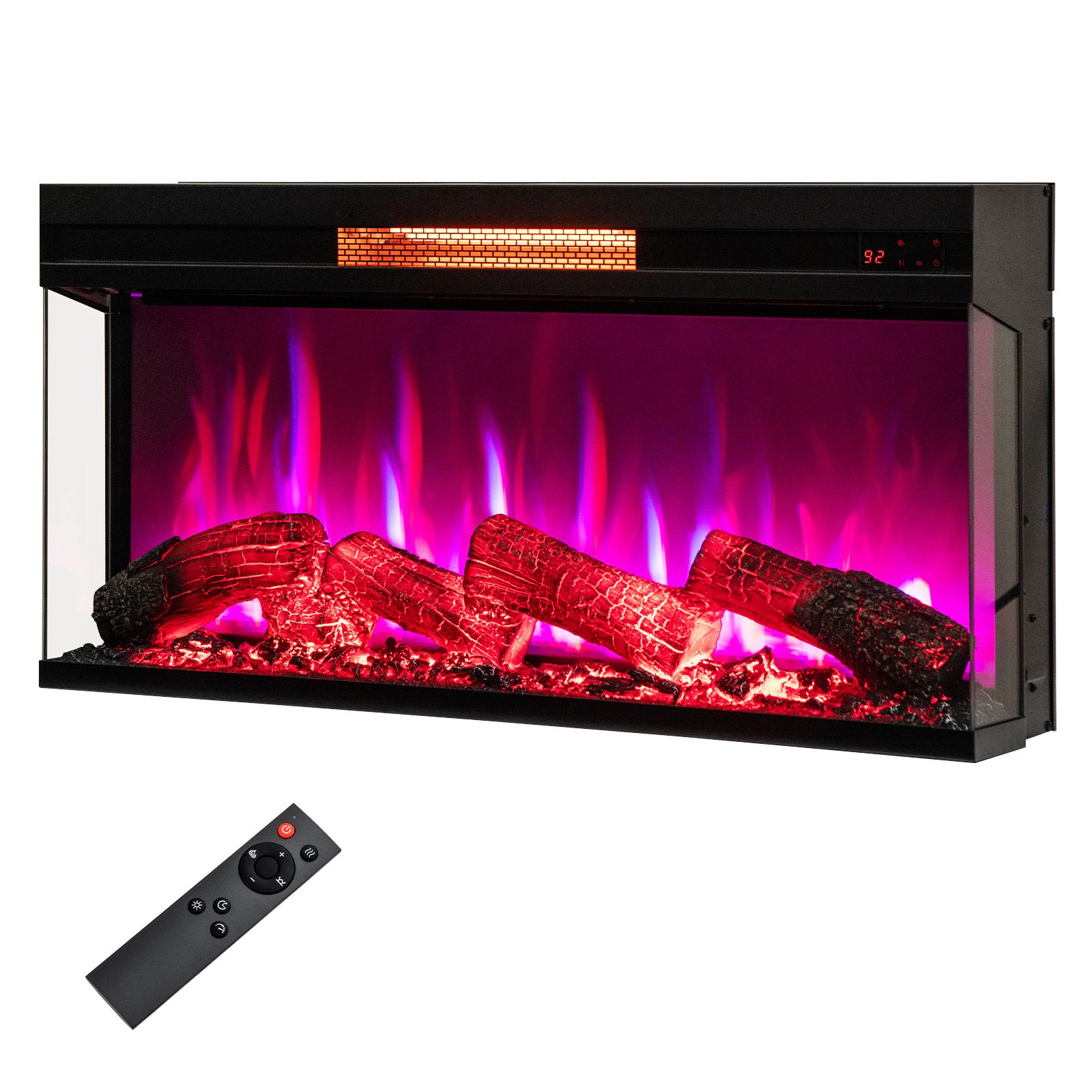 SlickBlue Black Tempered Glass Electric Fireplace, 1500W, 5118 BTU, 8 Flame Modes, 3-Sided View