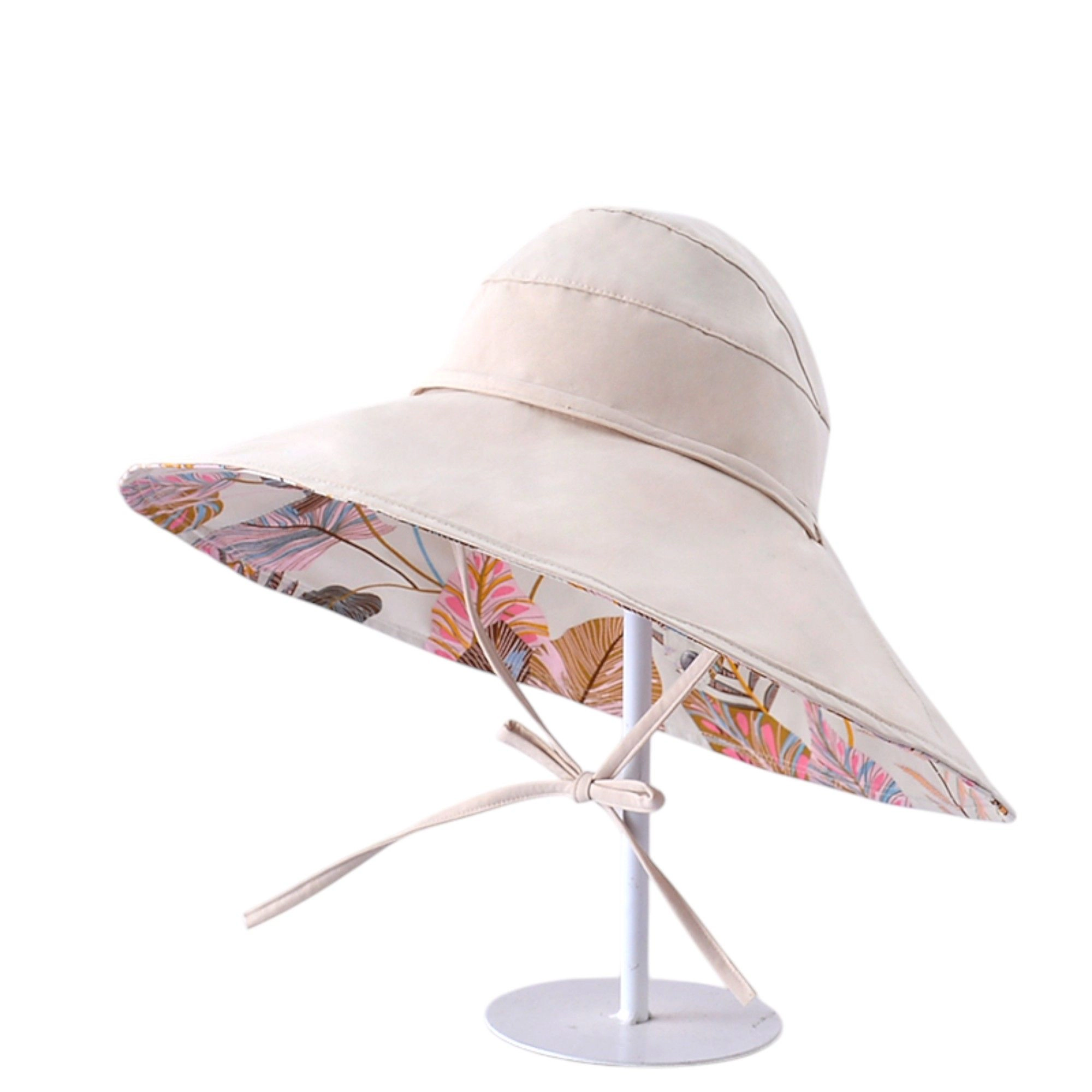 Anna-Kaci Women's Wide Brim Sun Hat with Ponytail Hole Neck Tie Closure and Patterned Lining