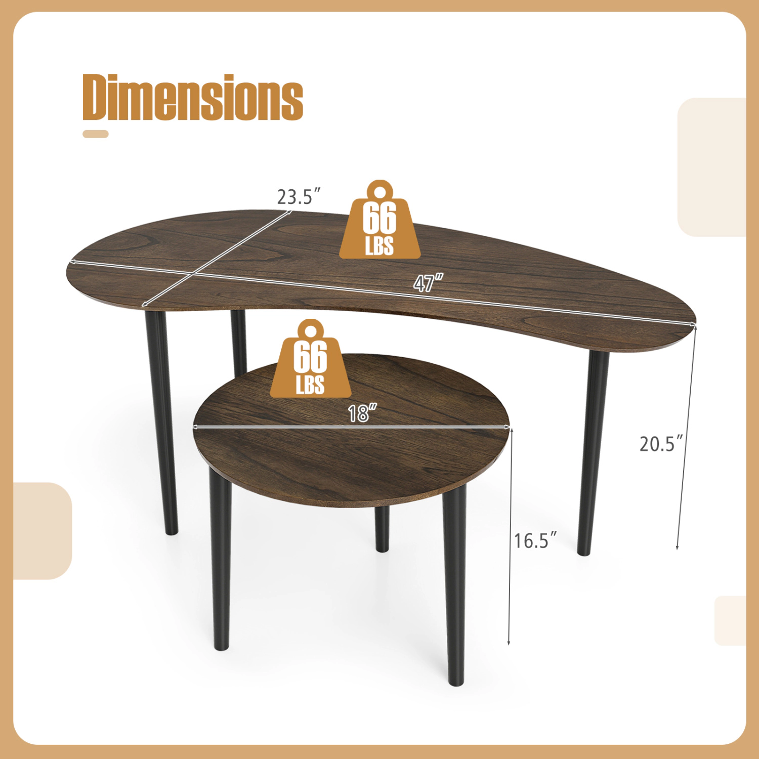 Glintex 2-Piece Mid-Century Nesting Table Set with Kidney and Round Tops, Walnut + Black