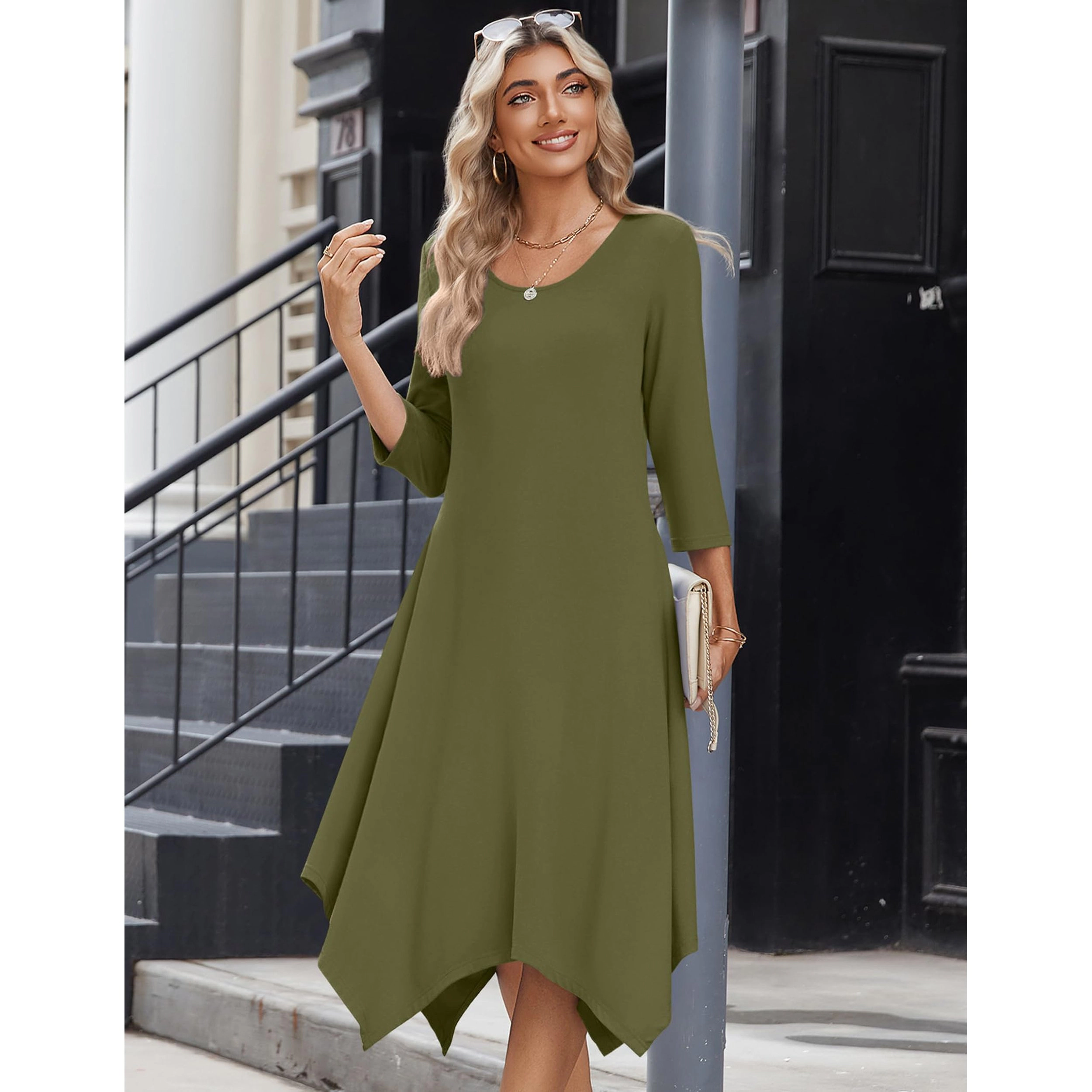 Zeagoo Women's Scoop Neck Three Quarter Sleeve Midi Dress