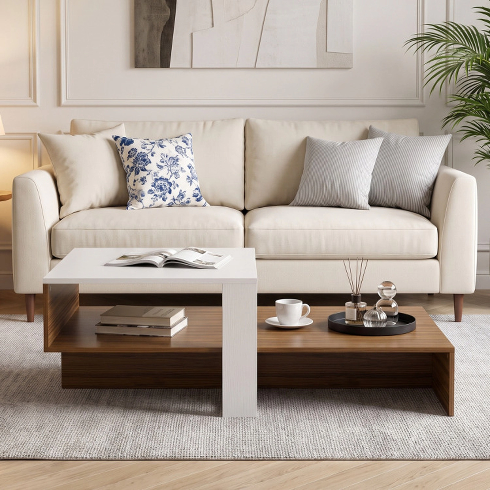 SUGIFT 2-Tier Irregular Offset Brown Open Shelf Low Modern Coffee Table 39.5-in x 21-in x 13-in 66-lb Capacity White
