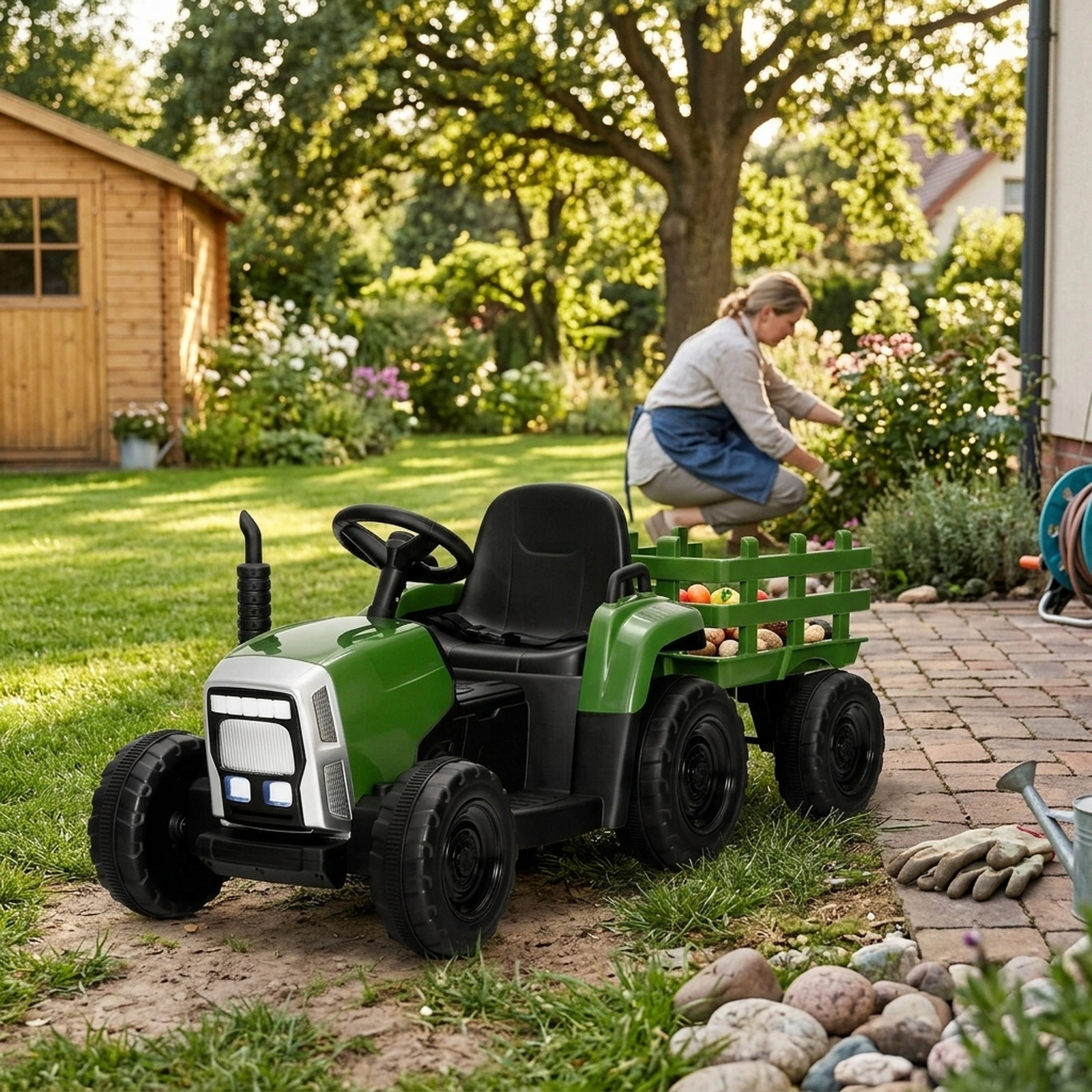 12V Ride On Tractor for Kids Detachable Trailer 3-Gear Shift Ground Loader Parent Remote LED Lights Ages 3+ Dark Green