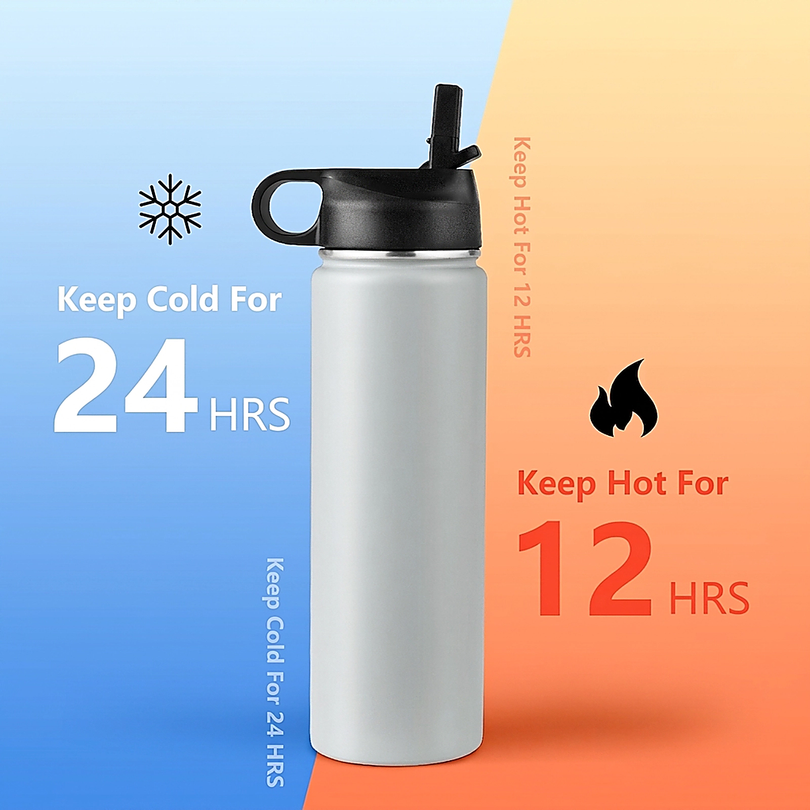 SUGIFT 22-oz Gray Insulated Stainless Steel Water Bottle with 2 Lids and Flip-Up Straw 3-in Dia 9.6-in H