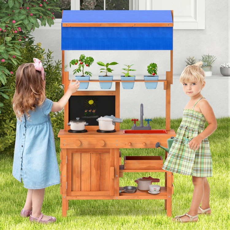 SUGIFT Kids Wooden Pretend Play Mud Kitchen with 9.5-in Adjustable Canopy 4 Planting Cups and Blackboard