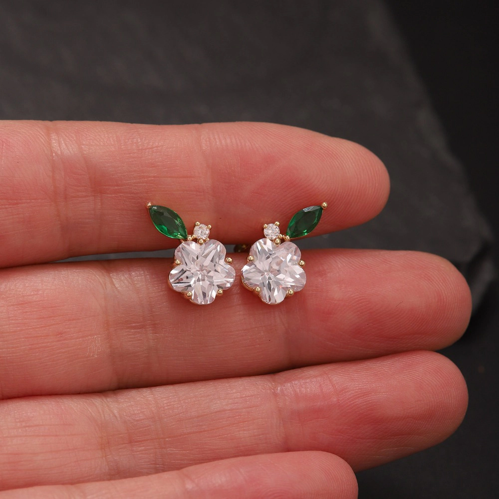 Flower Cubic Zirconia Stud Earring Gold Plated Emerald Leaf Crystal Dainty Earring