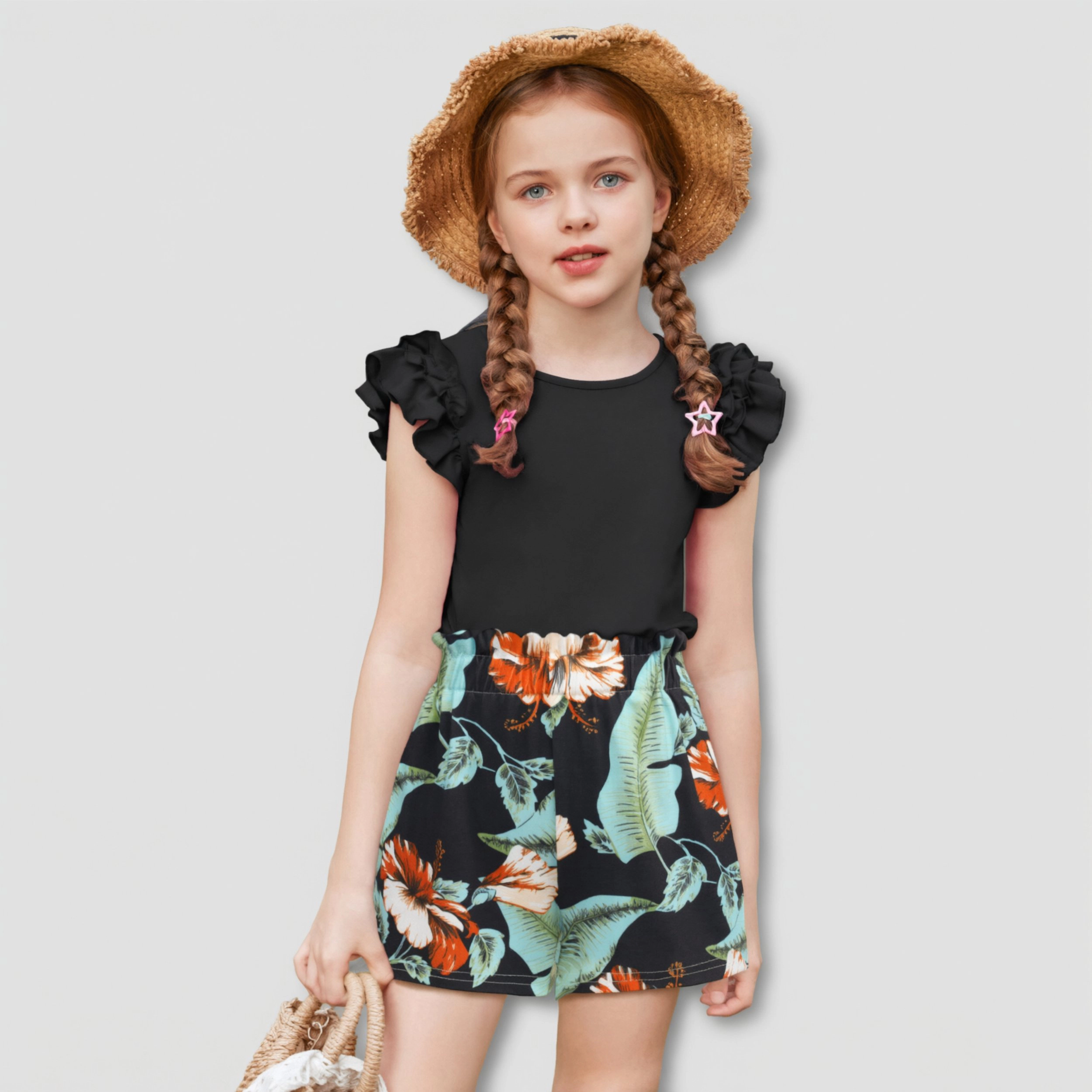 Arshiner Girls Piece Outfits Summer Hawaiian Clothes Ruffle Sleeve T Shirts High Waist Paper