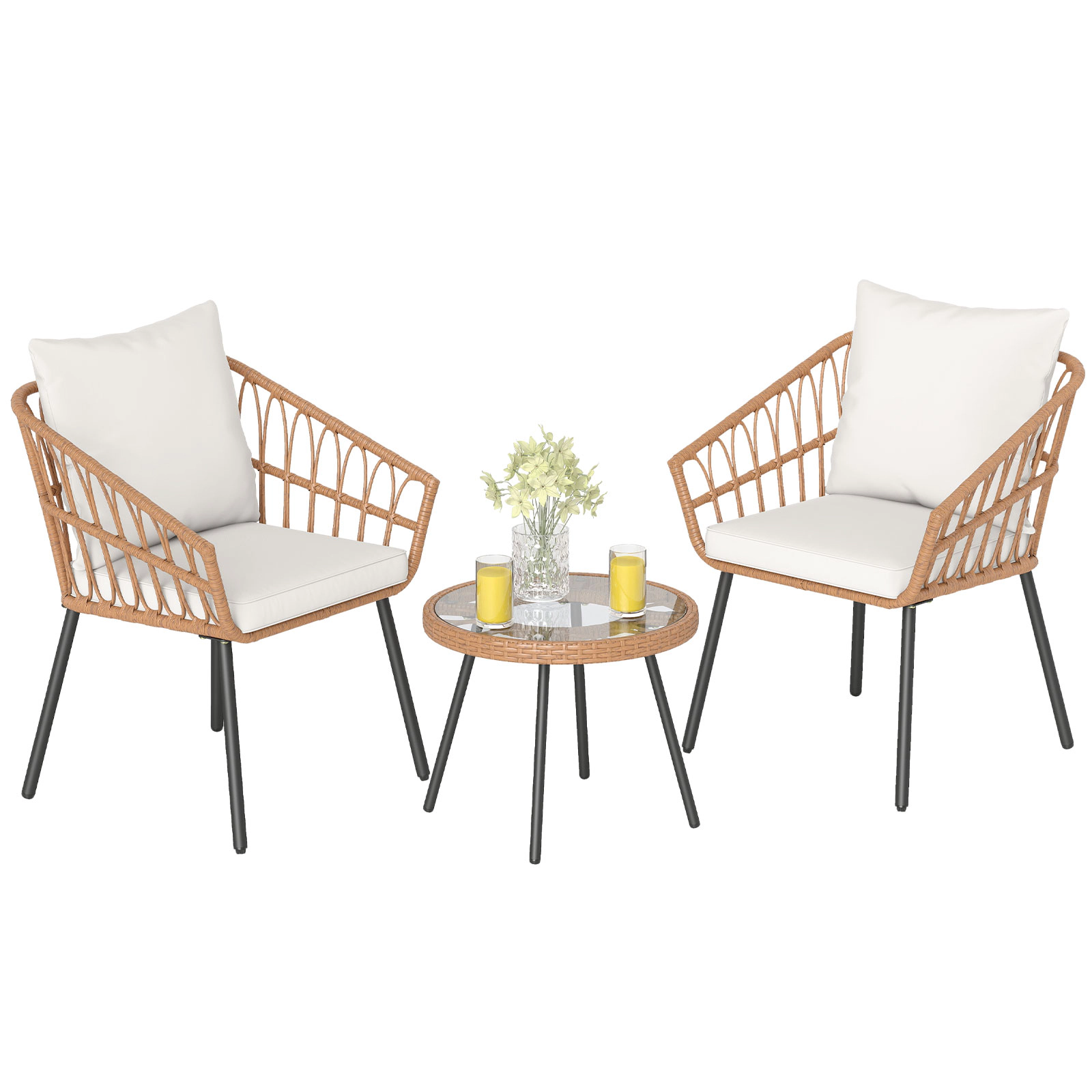 SUGIFT 3-Piece Beige Patio Bistro Set, 2 Cushioned Chairs, 20-Inch Round Tempered Glass Table
