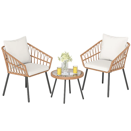 SUGIFT 3-Piece Beige Patio Bistro Set, 2 Cushioned Chairs, 20-Inch Round Tempered Glass Table