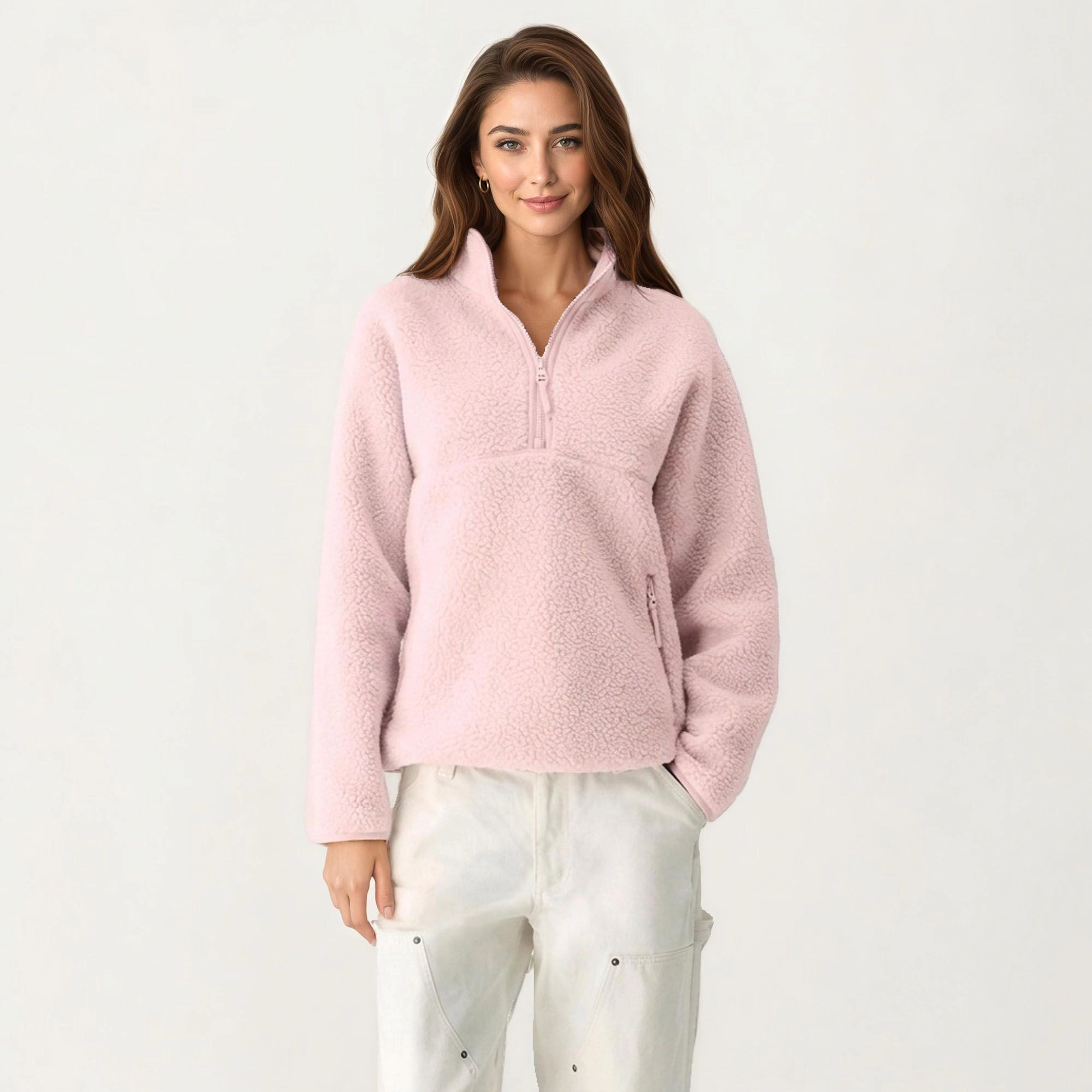Anna-Kaci Women's Half Zip Pullover Jacket with Stand Collar Soft Plush Texture Relaxed Fit Long Sleeve Top