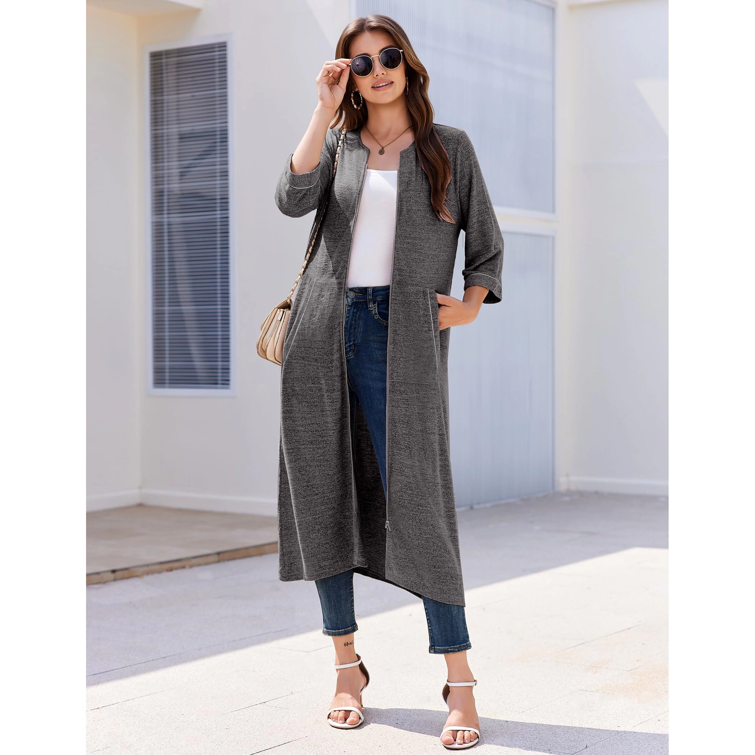 Ekouaer Zipper Robes Three Quarter Sleeve Bathrobe House Coats with Pockets Long Moo Nightgown