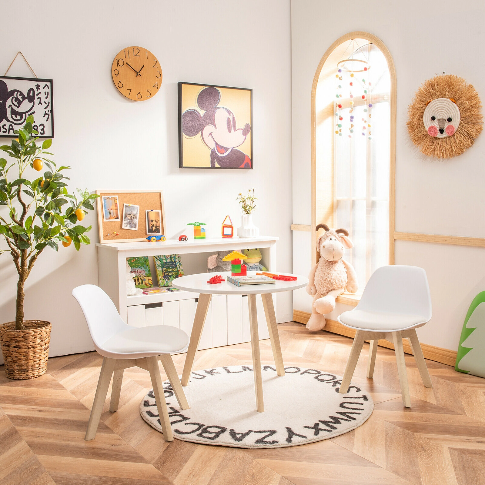 SUGIFT White Beech Legs and Padded Seat Kids Modern Round Activity Table and 2 Chairs Set