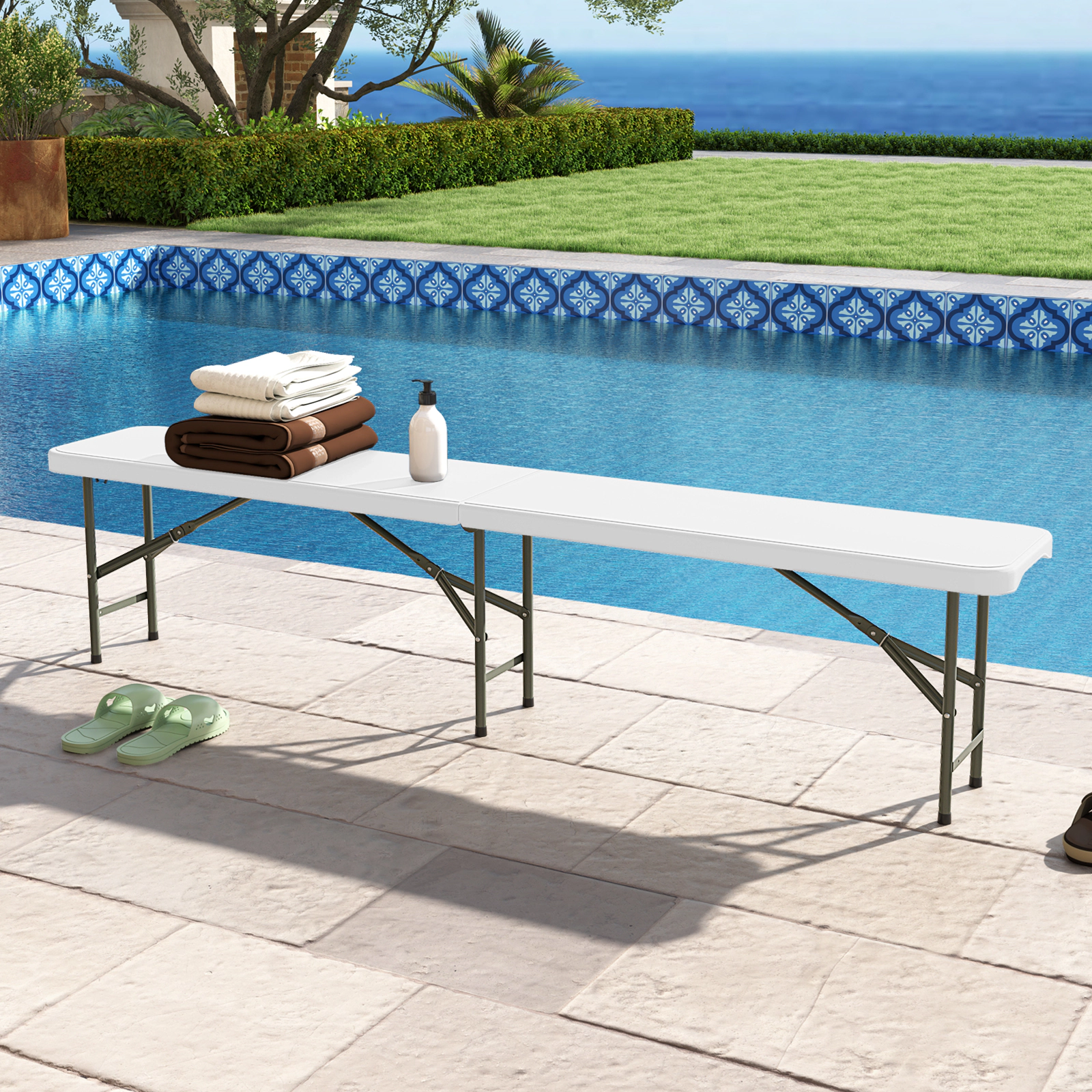 SUGIFT 6-Ft White and Gray Folding Bench, 660-Lb Capacity, Portable HDPE Seat