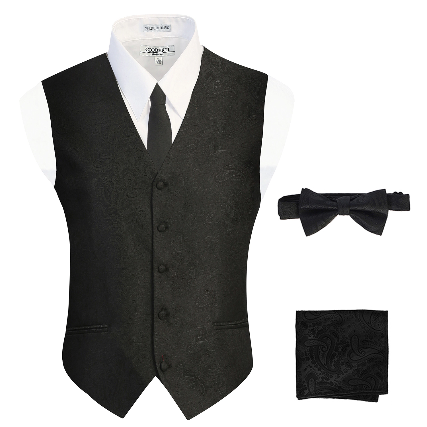 Gioberti Men's Formal 4pc Metallic Paisley Vest Necktie Bowtie And Pocket Square