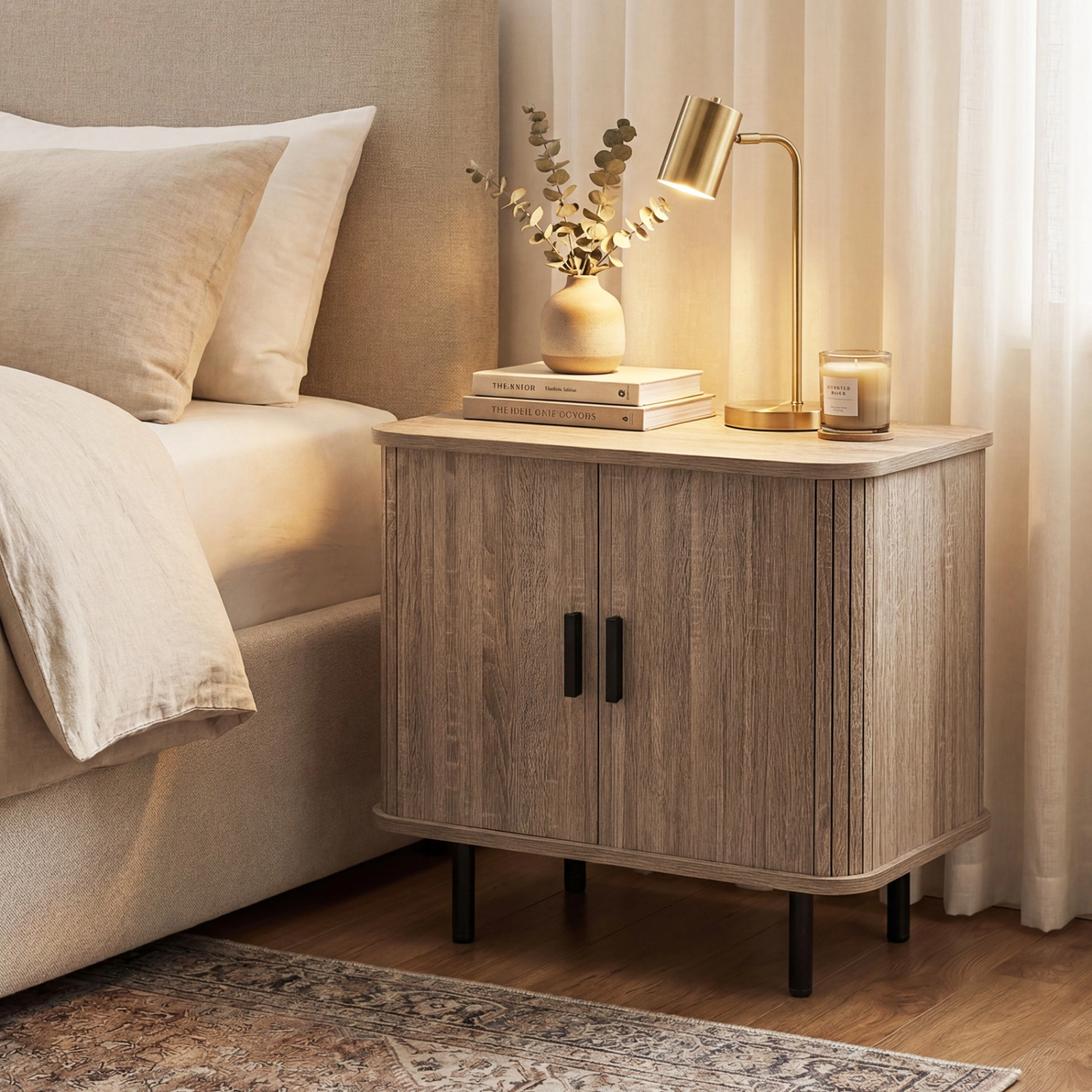 SUGIFT Modern Mid Century Nightstand End Table with Sliding Tambour Doors and Storage Shelf 88-lb Tabletop Capacity