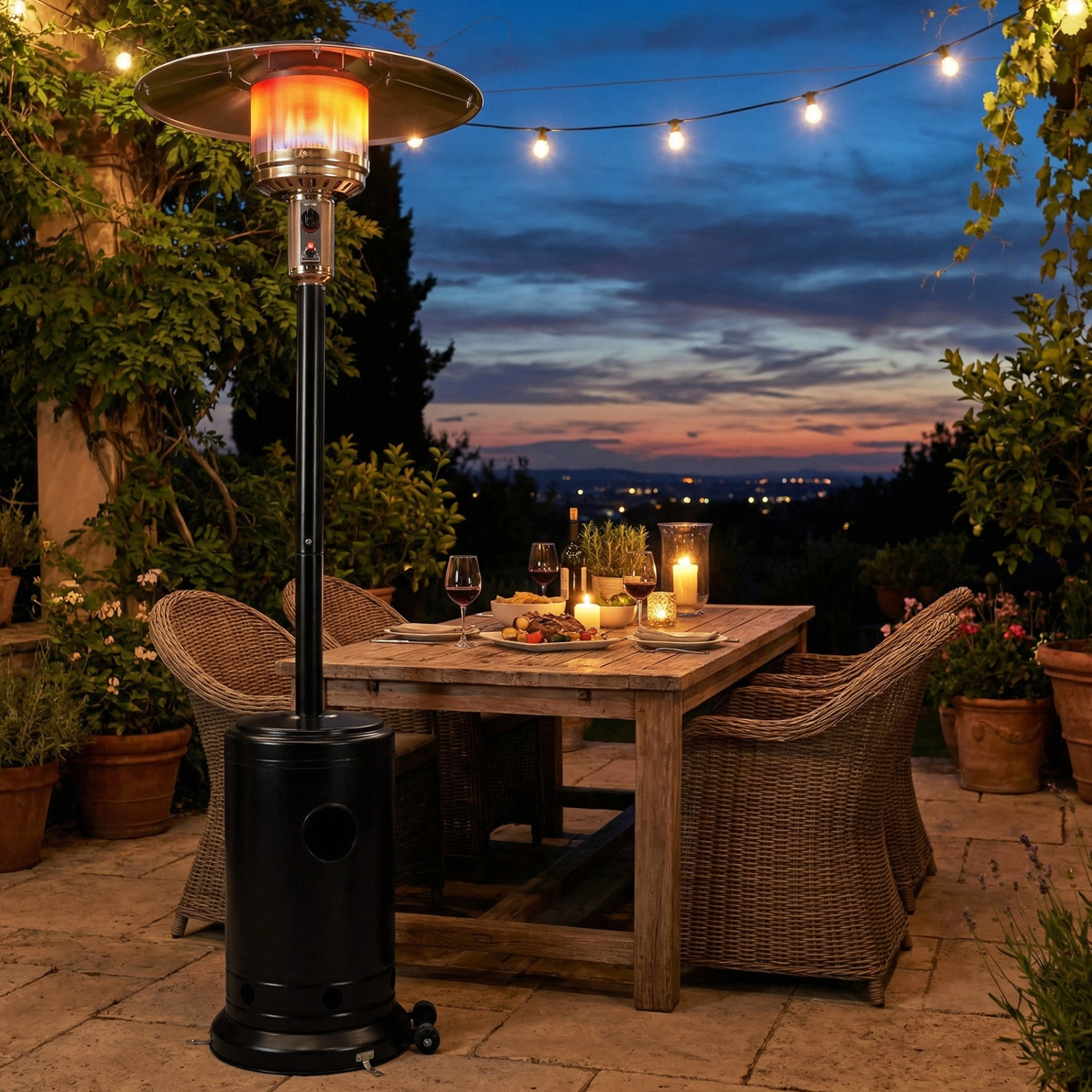 SUGIFT 50000-BTU Black 20-ft Coverage Propane Patio Heater with Stainless Steel Burner and Built-in Wheels