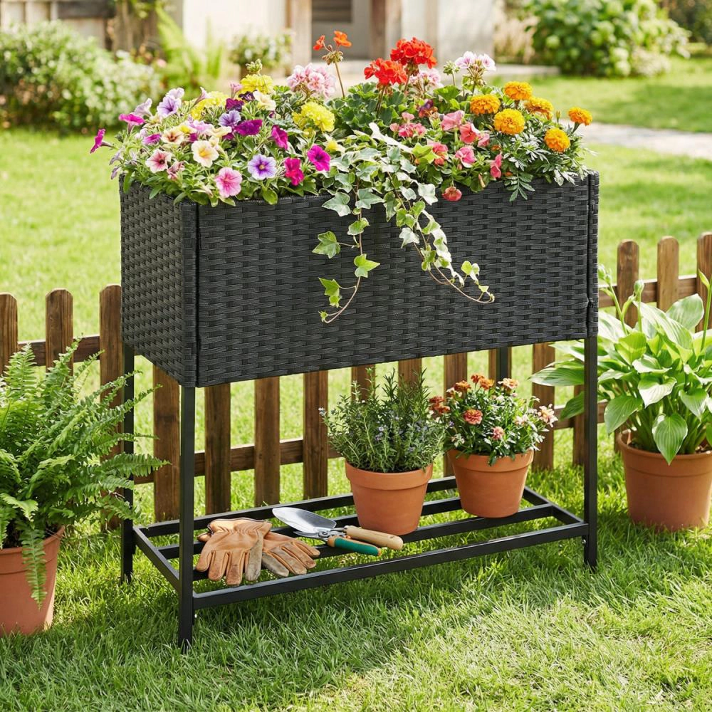 Hivvago Elevated Garden Planter with Rattan Finish Bottom Shelf