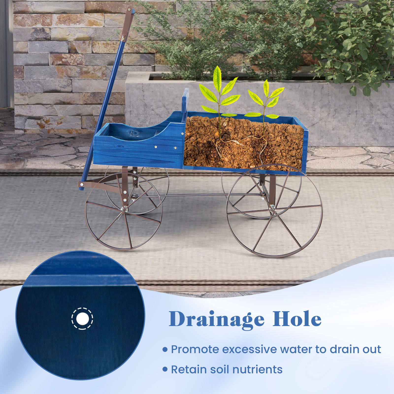 Hivvago Wooden Wagon Plant Bed With Wheel for Garden Yard