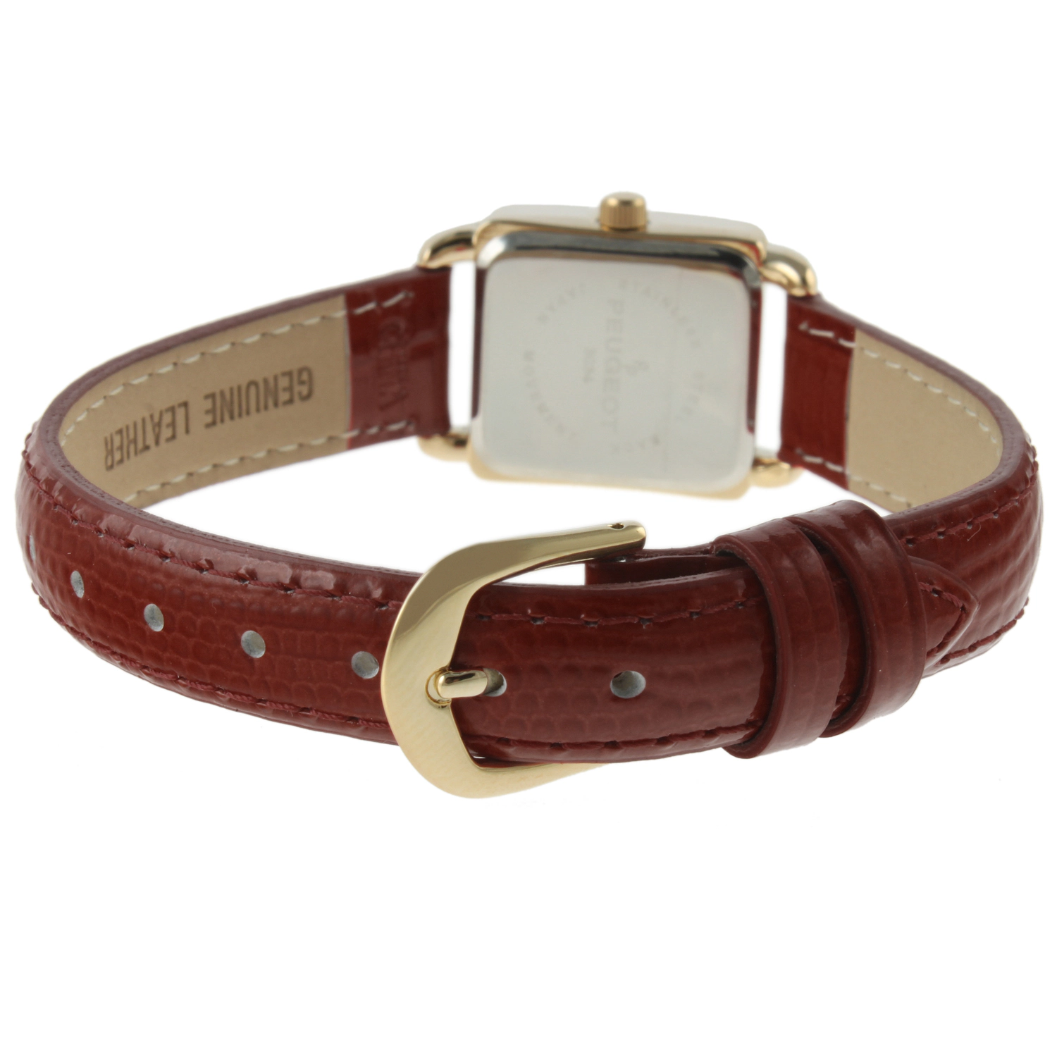 Peugeot Women's 20mm Square Watch with Glossy Brown Leather Strap