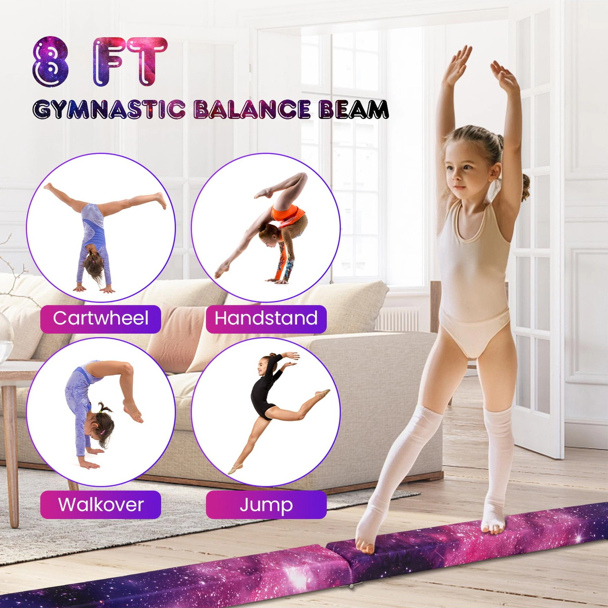 SUGIFT Pink 8-ft 160-lb Capacity Folding Gymnastics Balance Beam with Solid Wood Base and Two Carry Handles