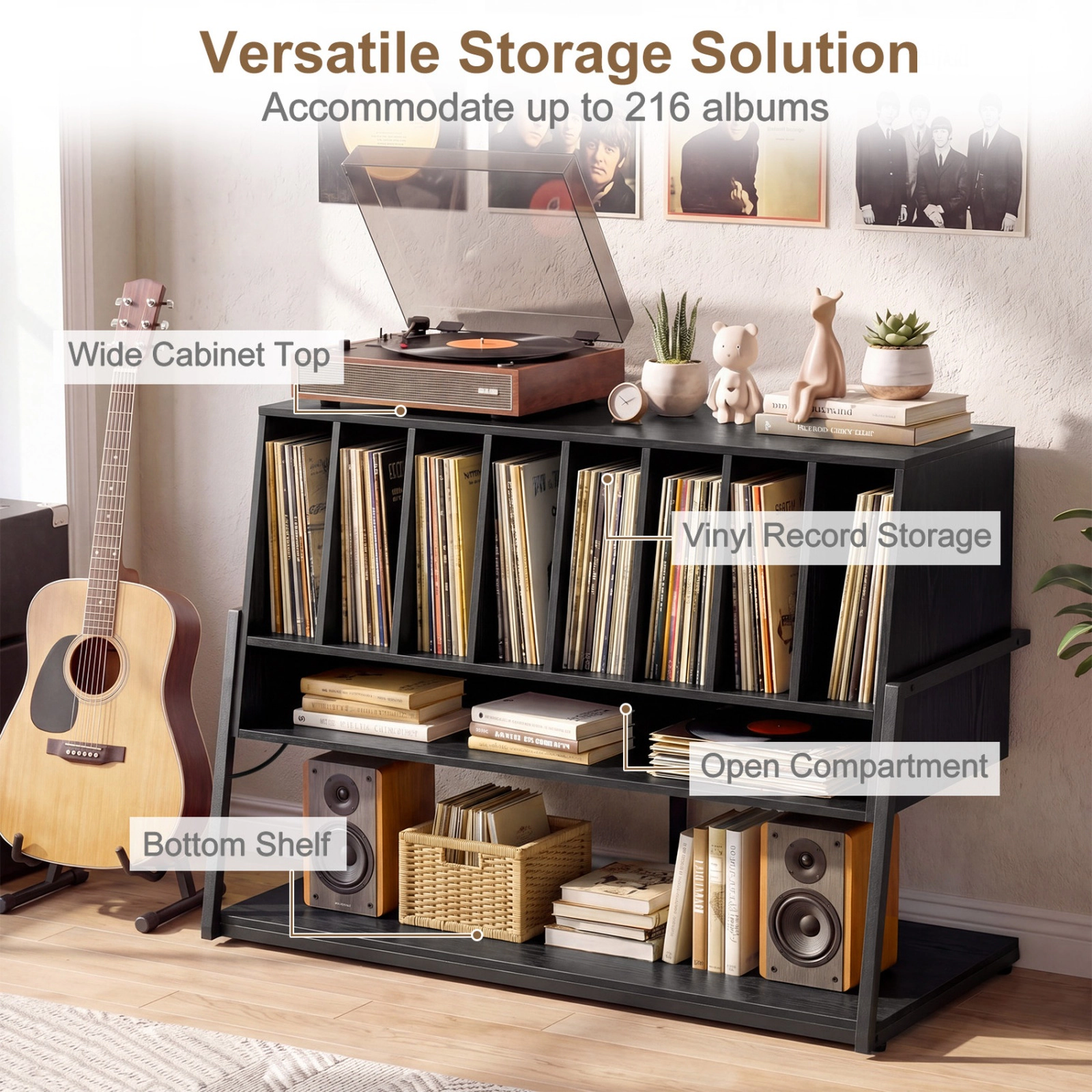 SUGIFT 40-Inch Rolling Record Player Stand with Charging Station, Vinyl Storage for 216 Albums