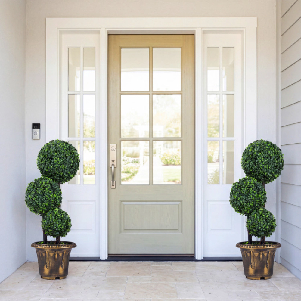 Slickblue Artificial Triple Ball Boxwood Topiary Tree 29in Black Gold Planter Porch Entry Decor-Set of 2