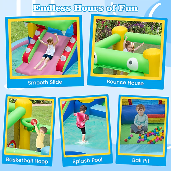 LJG Kids Inflatable Bounce House with Slide and Splash Pool and 680W Blower