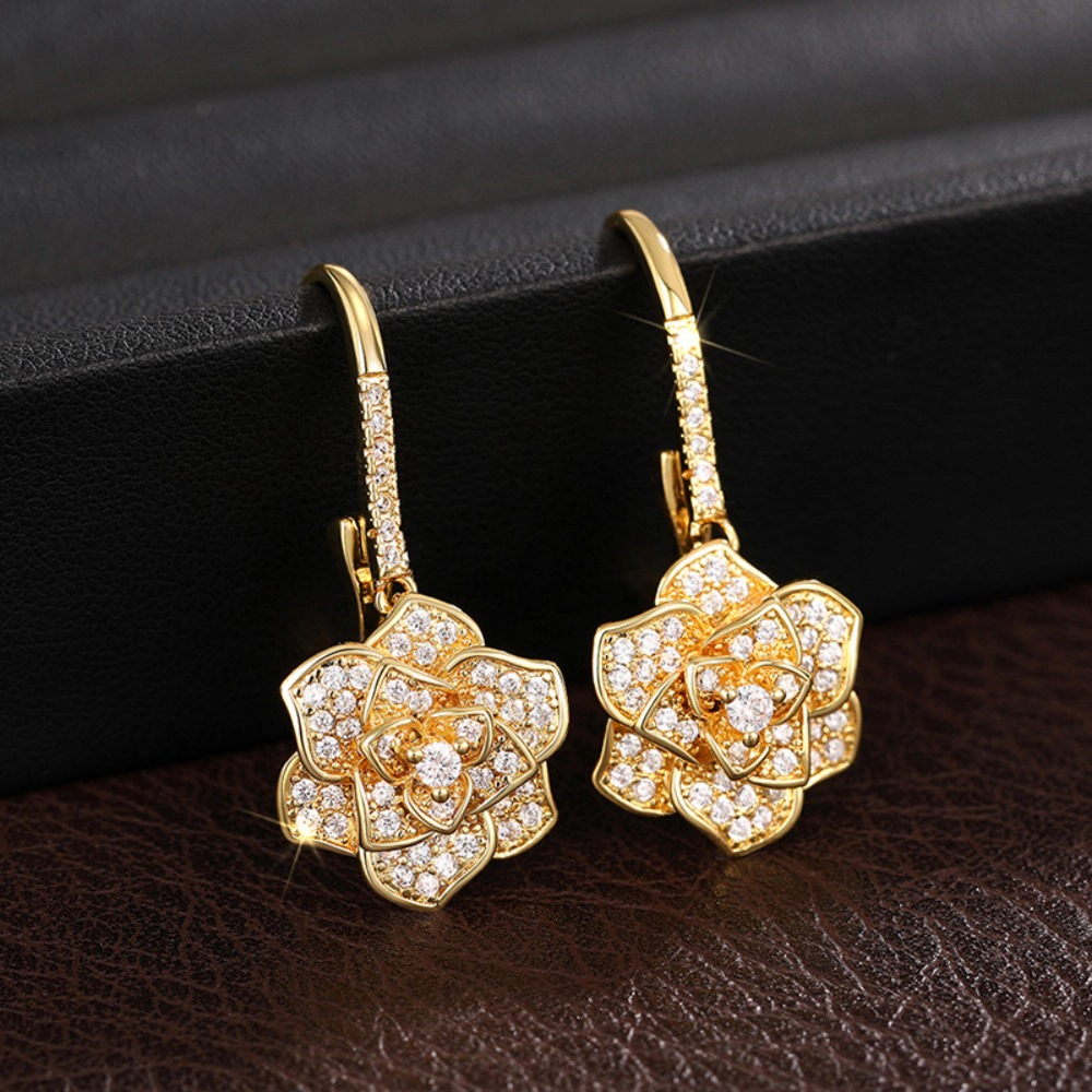 Luxury Camellia Flower Cubic Zirconia Dangle Earrings for Women