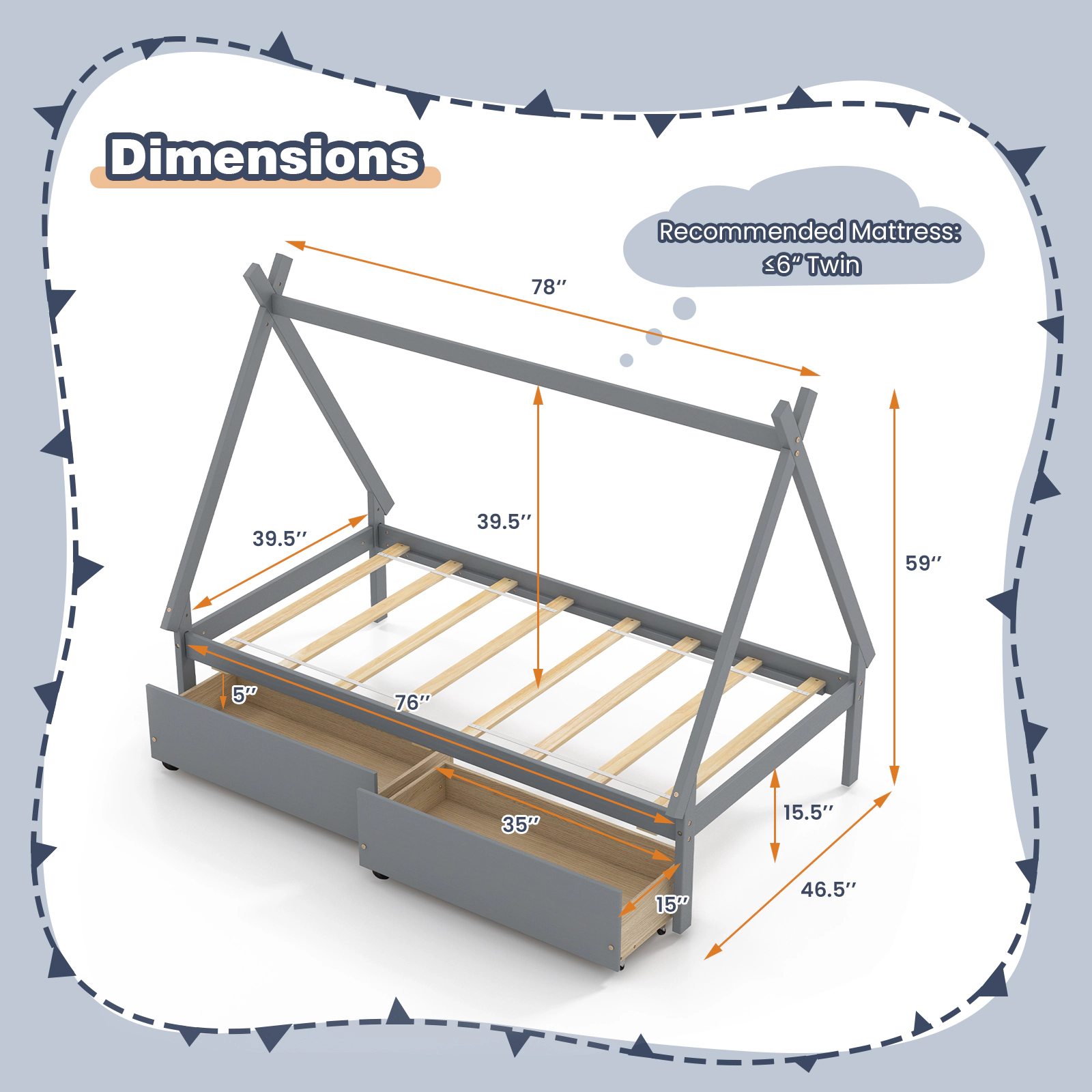 SUGIFT Twin Size Wooden Tent Platform House Bed with 2 Storage Drawers 200-Lb Capacity Gray