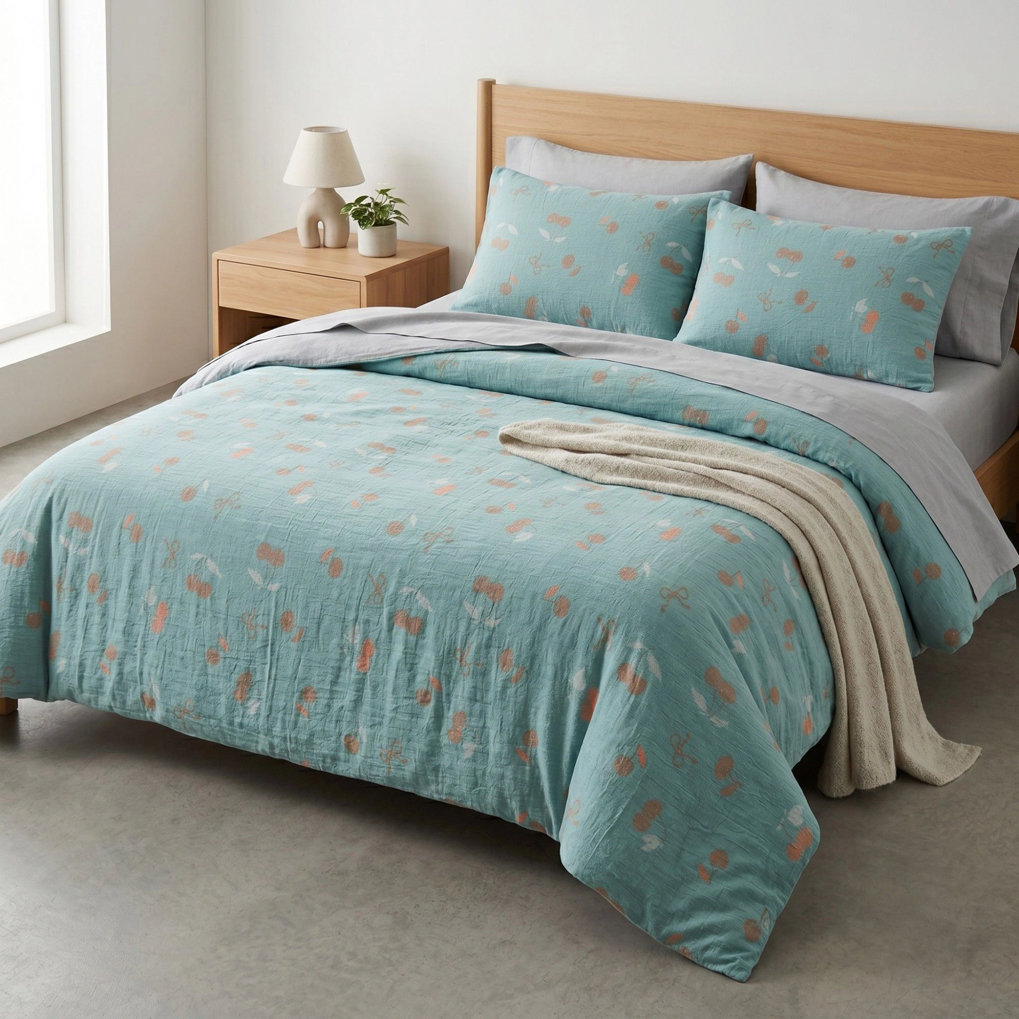 Alilang Unisex 4-Piece Cotton Bedding Set with Cherry Print Duvet Cover and Pillowcases