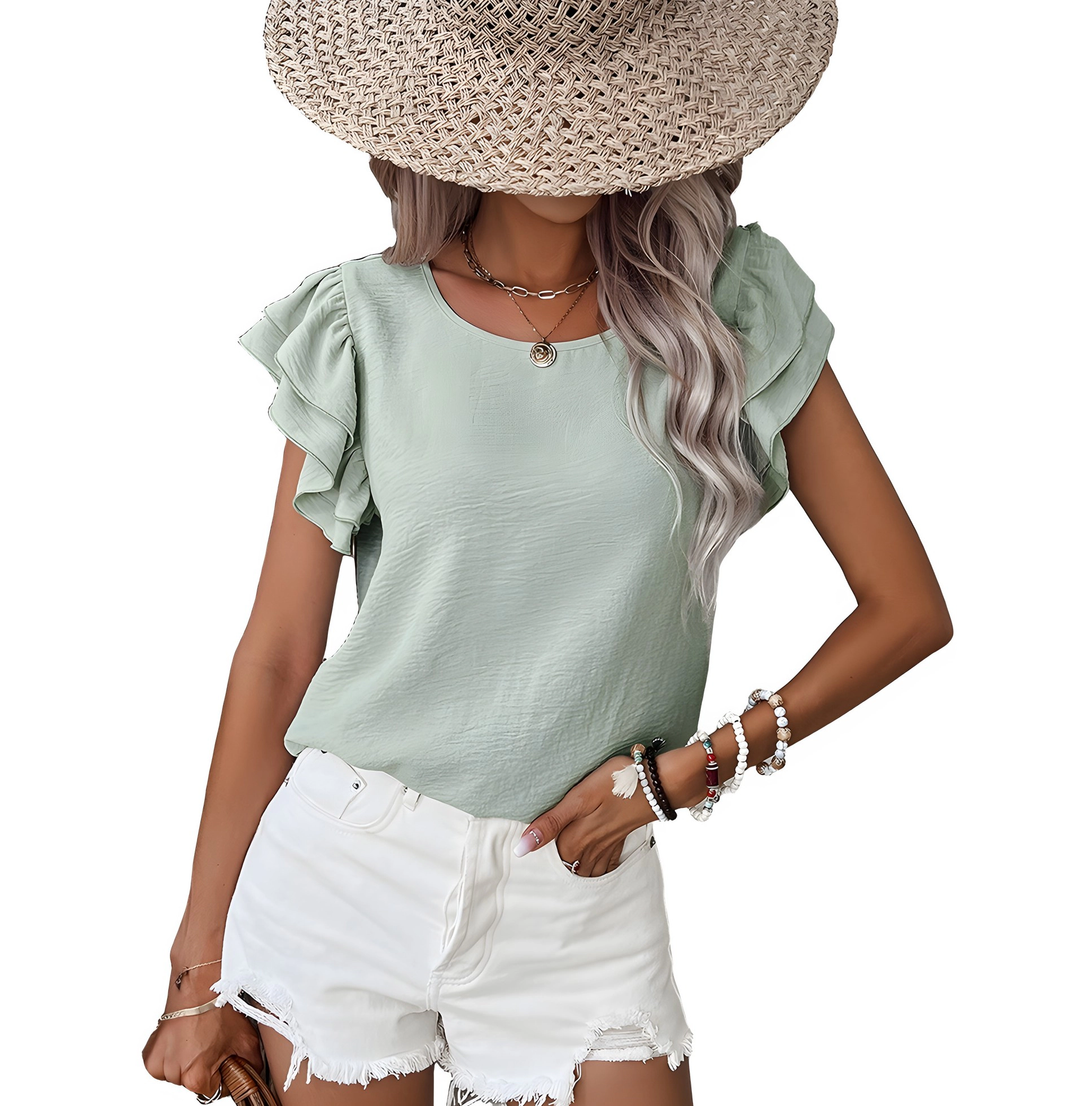 Sol Living Womens Solid Color Ruffled Short Sleeve Casual Blouse