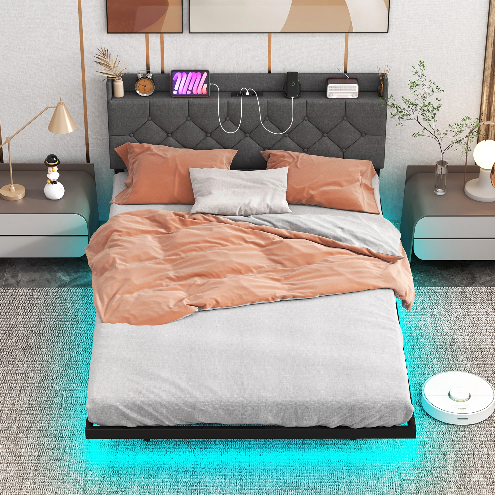 SUGIFT Full Size Floating Platform Bed with Smart LED Lights, Storage Headboard and Charging Station