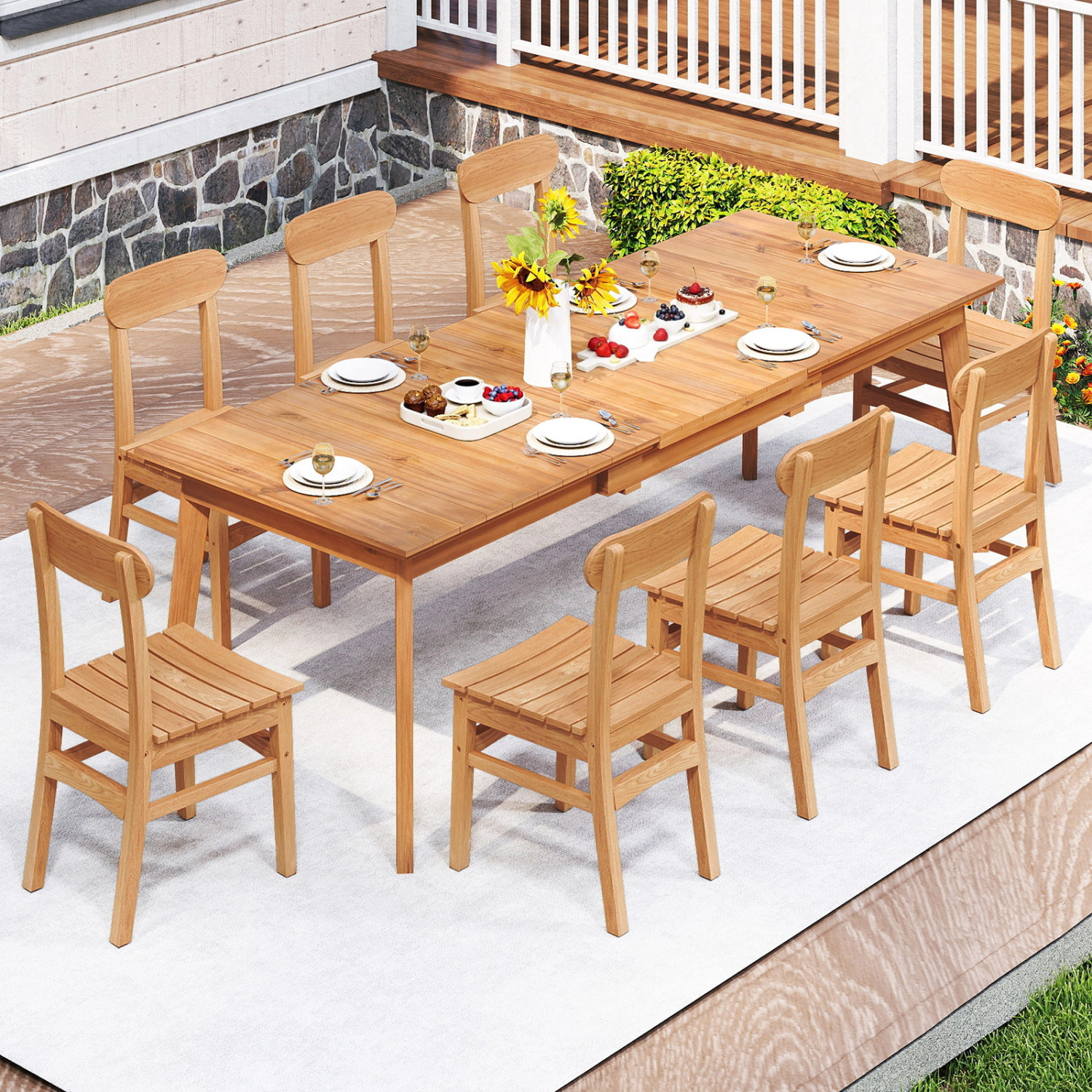 LJG Patio Teak Wood Chair Armless Dining Chair with Slatted Seat
