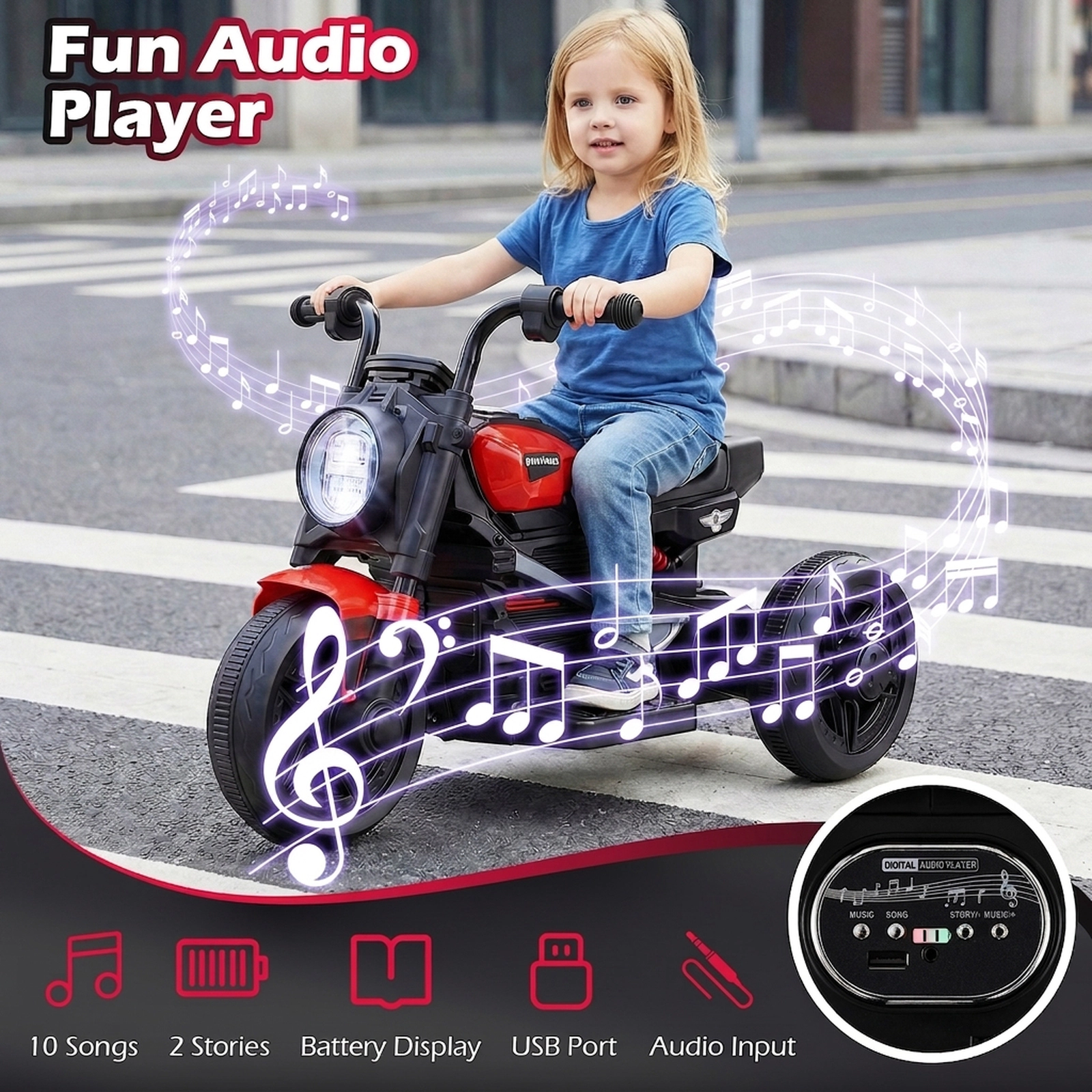 SUGIFT 6V Kids Electric Motorcycle with LED Headlight, Music and 31-in Frame 66-lb Capacity Ages 3-5 Red & Black