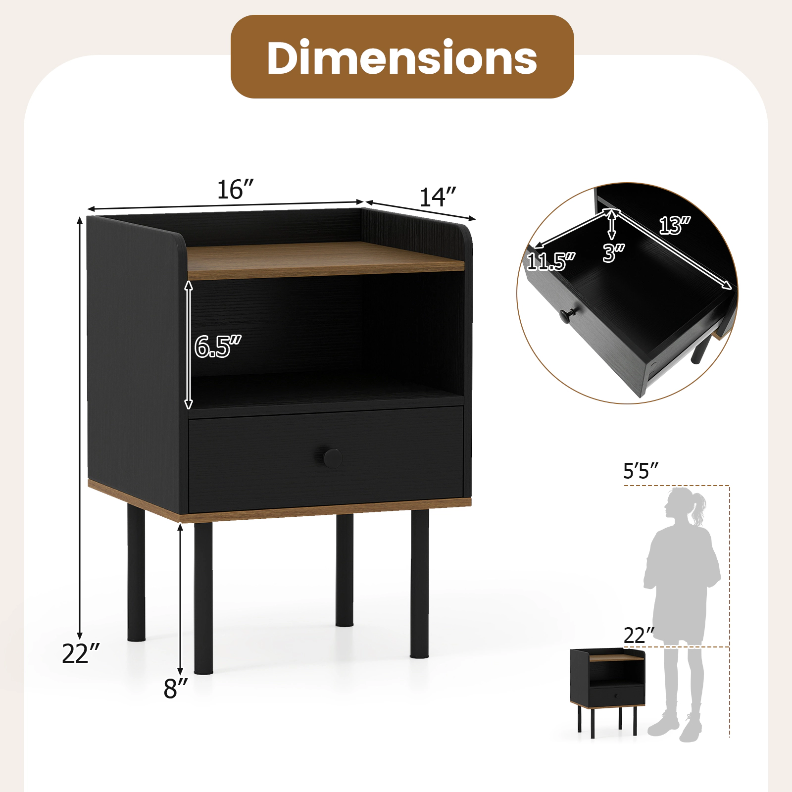 SUGIFT 3-Tier Nightstand with Drawer and Open Storage Shelf 66-lb Tabletop Capacity 16-in Wide Frame Black & Natural