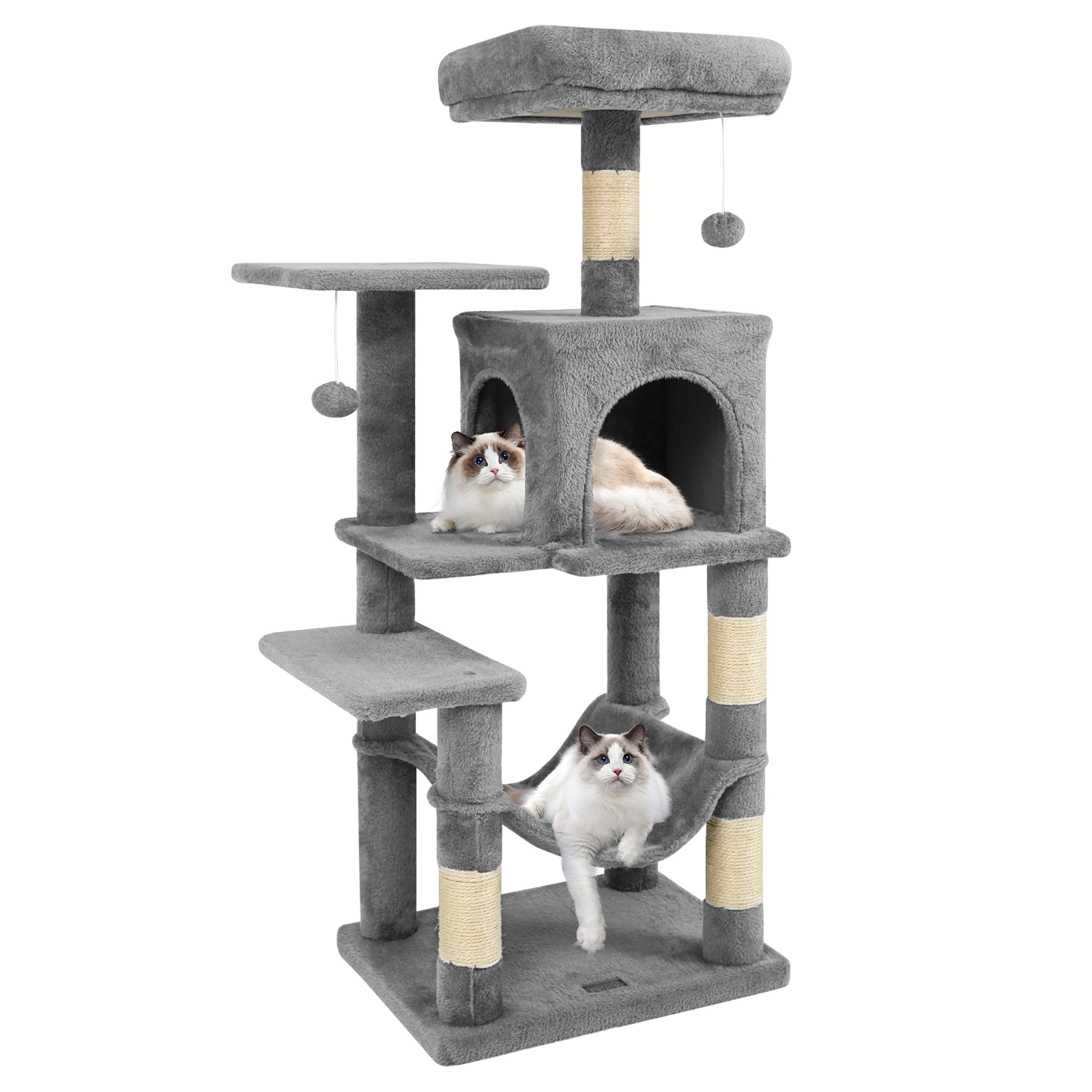 SUGIFT Multi-Level Cat Tower with 2-Door Condo and Padded Top Perch with Hammock and Scratching Posts Light Gray