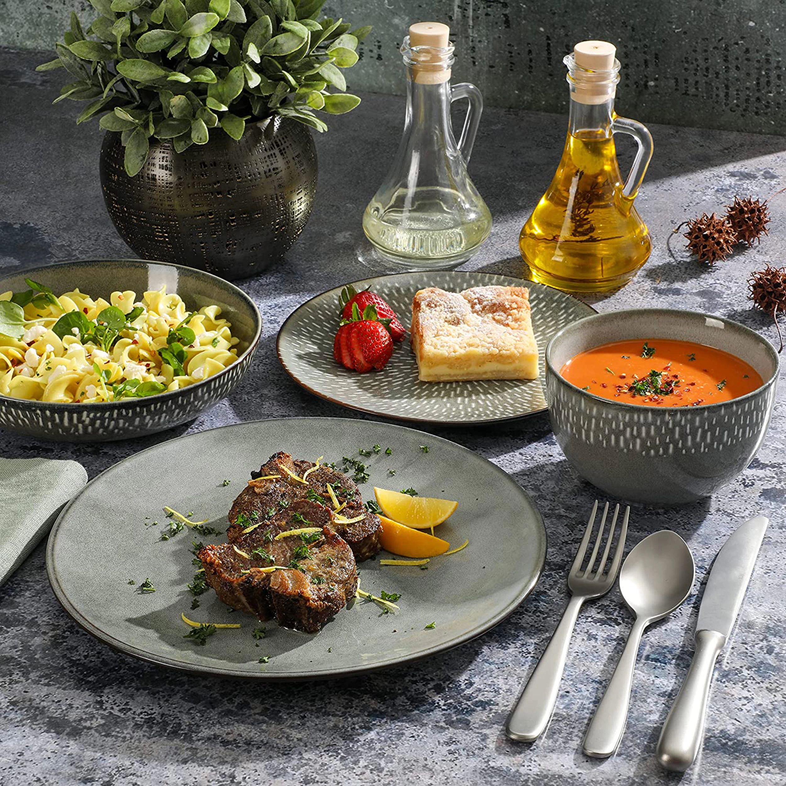 Gibson Elite Matisse 16 Piece Stoneware Dinnerware Set in Grey with Reactive Glaze