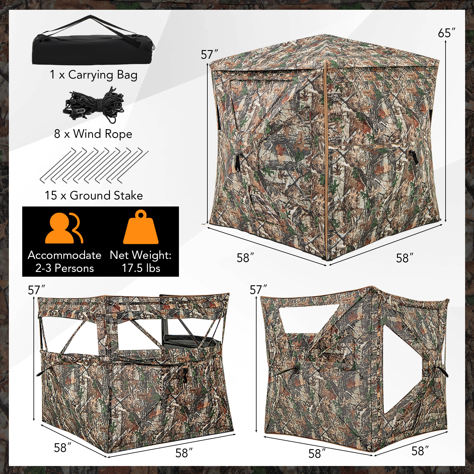 SUGIFT 5-in-1 Detachable Hunting Blind Tent with Skylight for 2-3 People Camouflage