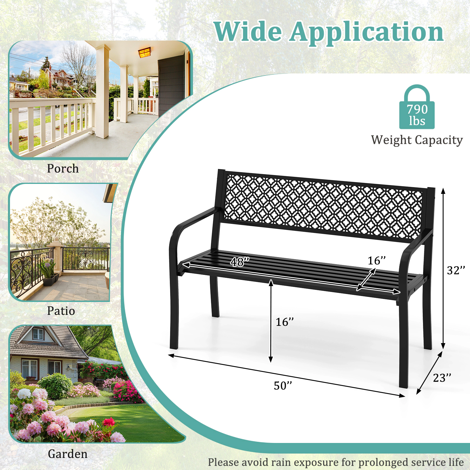 SUGIFT 50-in Outdoor Metal Garden Bench with Geometric Lattice Backrest and Slatted Seat 790-lb Capacity Black